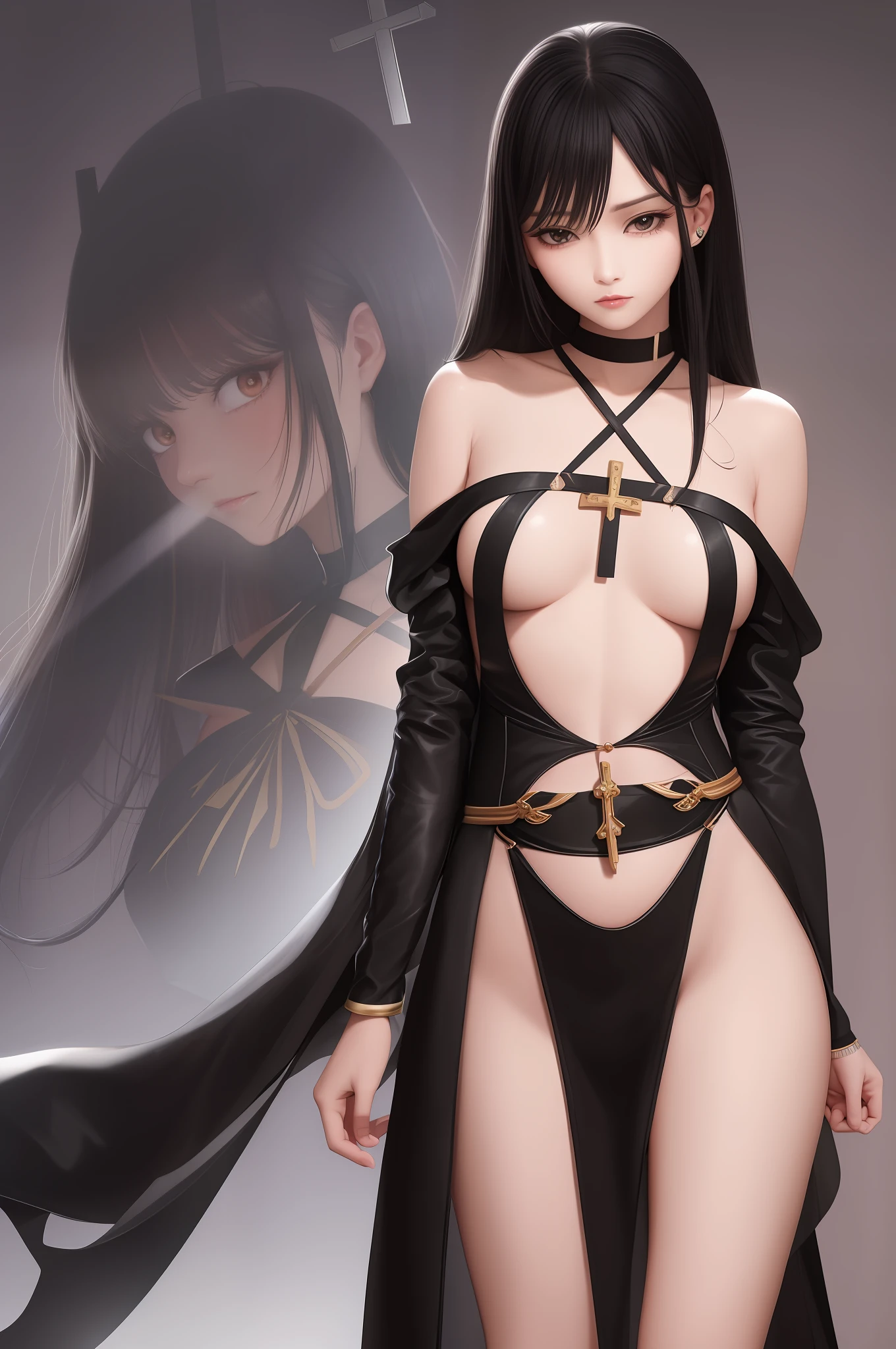 woman,Tie to the cross,blacksilk,high-heels,Sick expression,Black hair,The face is delicate,Bare chest