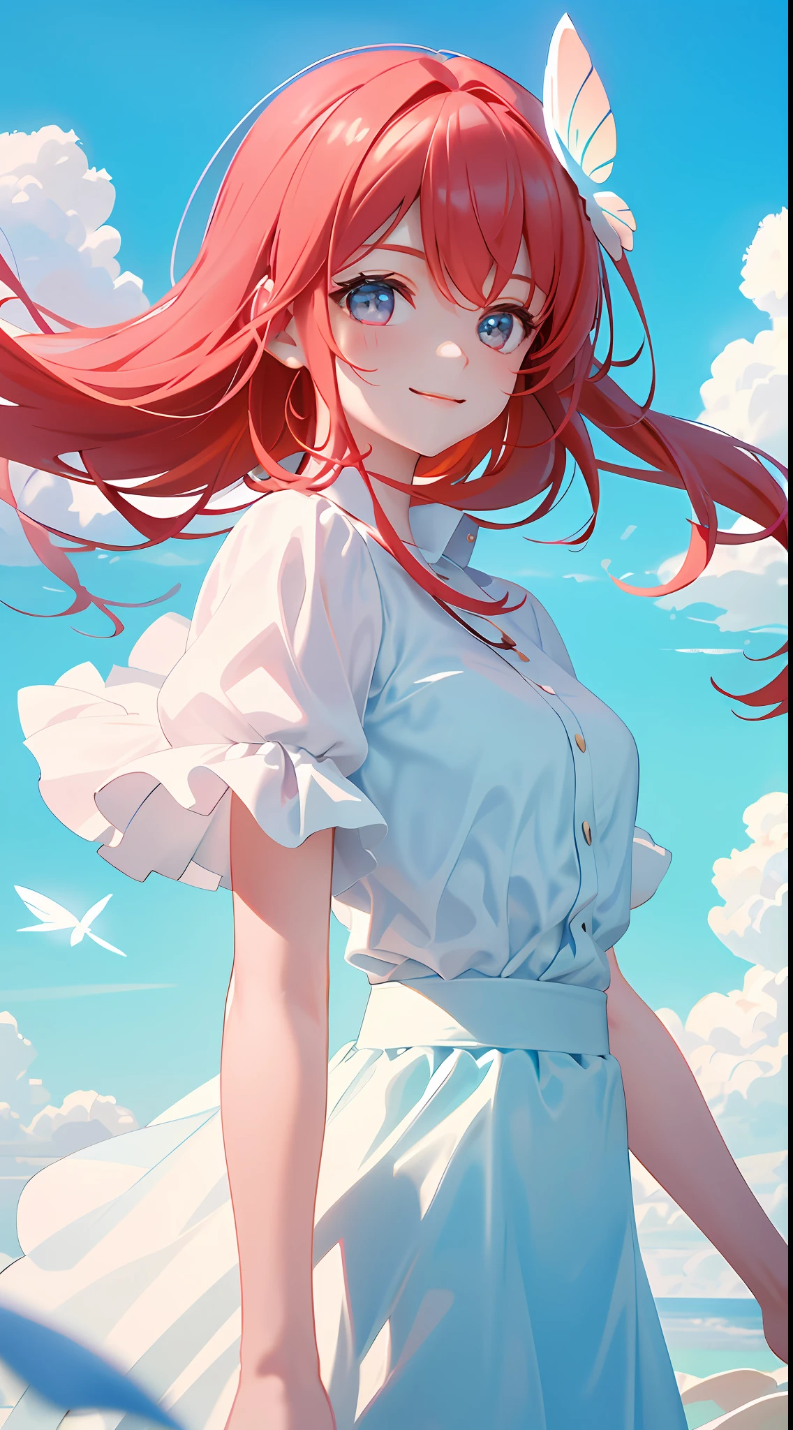 Masterpiece, Best Quality, Movie Stills, 1Girl, Floating in the Sky, Cloud Girl, Clouds, (Close-up: 1.1), Bright, Happy, Funny, Soft Lighting, Pale red Hair, Smile, butterfly