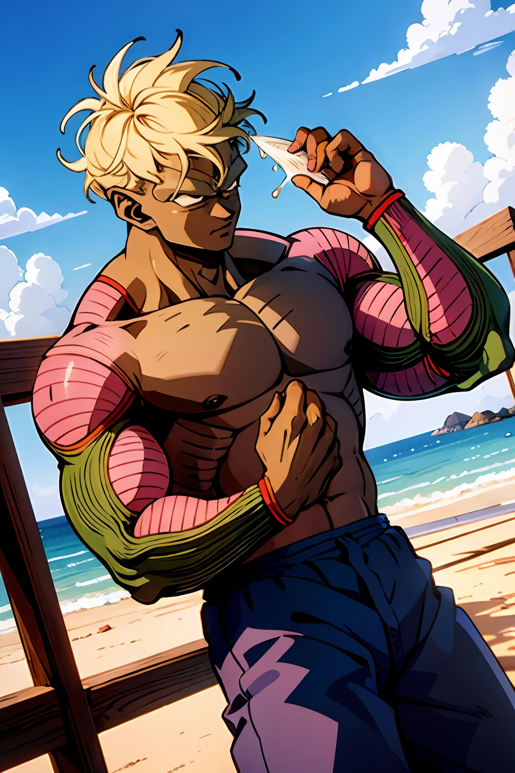 obra-prima, melhor qualidade, piccolo, 1boy, foco masculino, solo, postura de luta, orelhas pontudas, (topless: 1.3), pele laranjado , chifres oni, purple pants, boca fechada, (careca), manchas rosas, olhos pretos, faixa azul