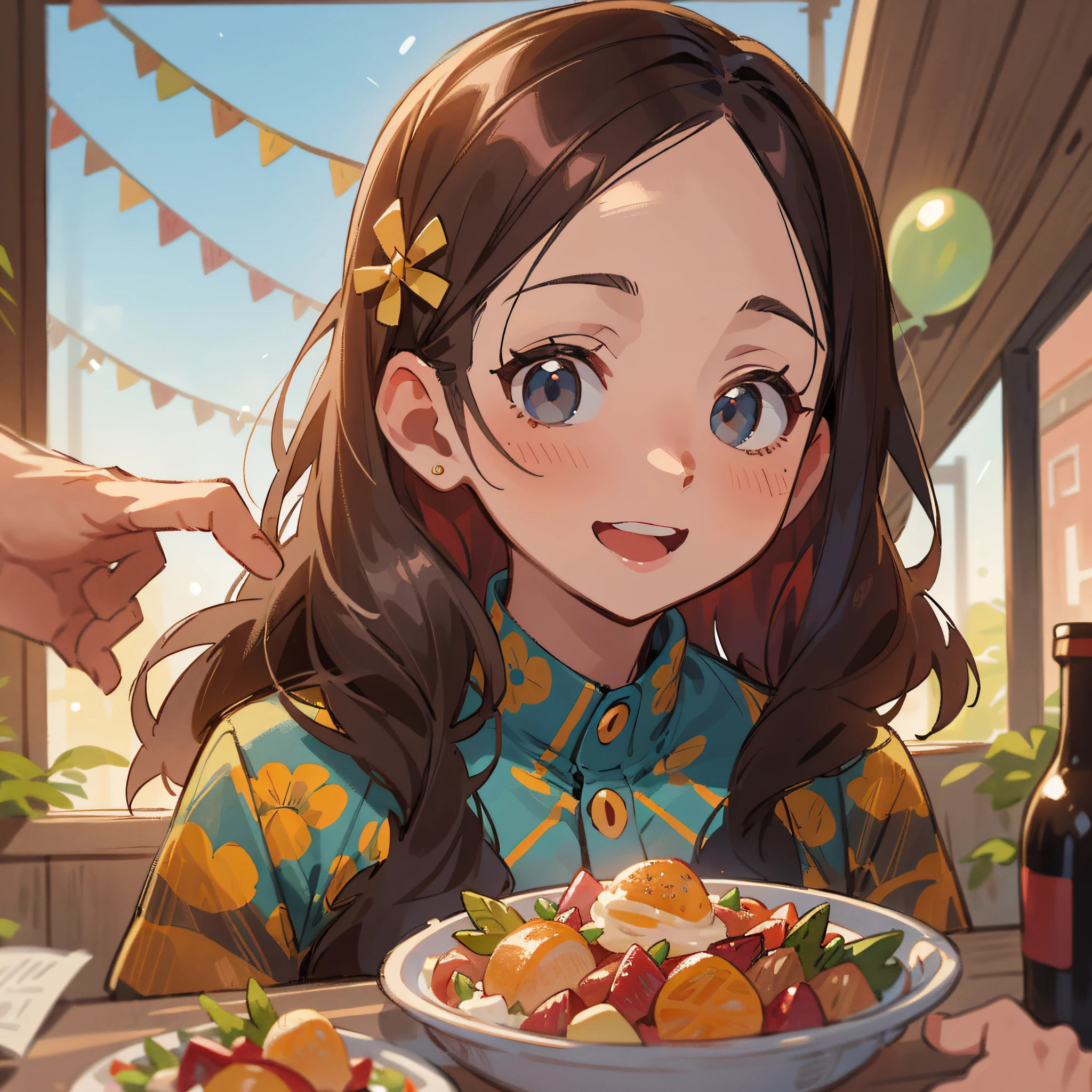 A little girl who has a lot of good food in front of him, good food, restaurant, many balloons, happy, happy, festive atmosphere, sunset, backlight, perfect quality, clear focus (clutter-home: 0.8), (masterpiece: 1.2) (Realistic: 1.2) (Bokeh) (Best quality) (Detailed skin: 1.3) (Intricate details) (8K) (Detail eyes) (Sharp focus), (Happy)
