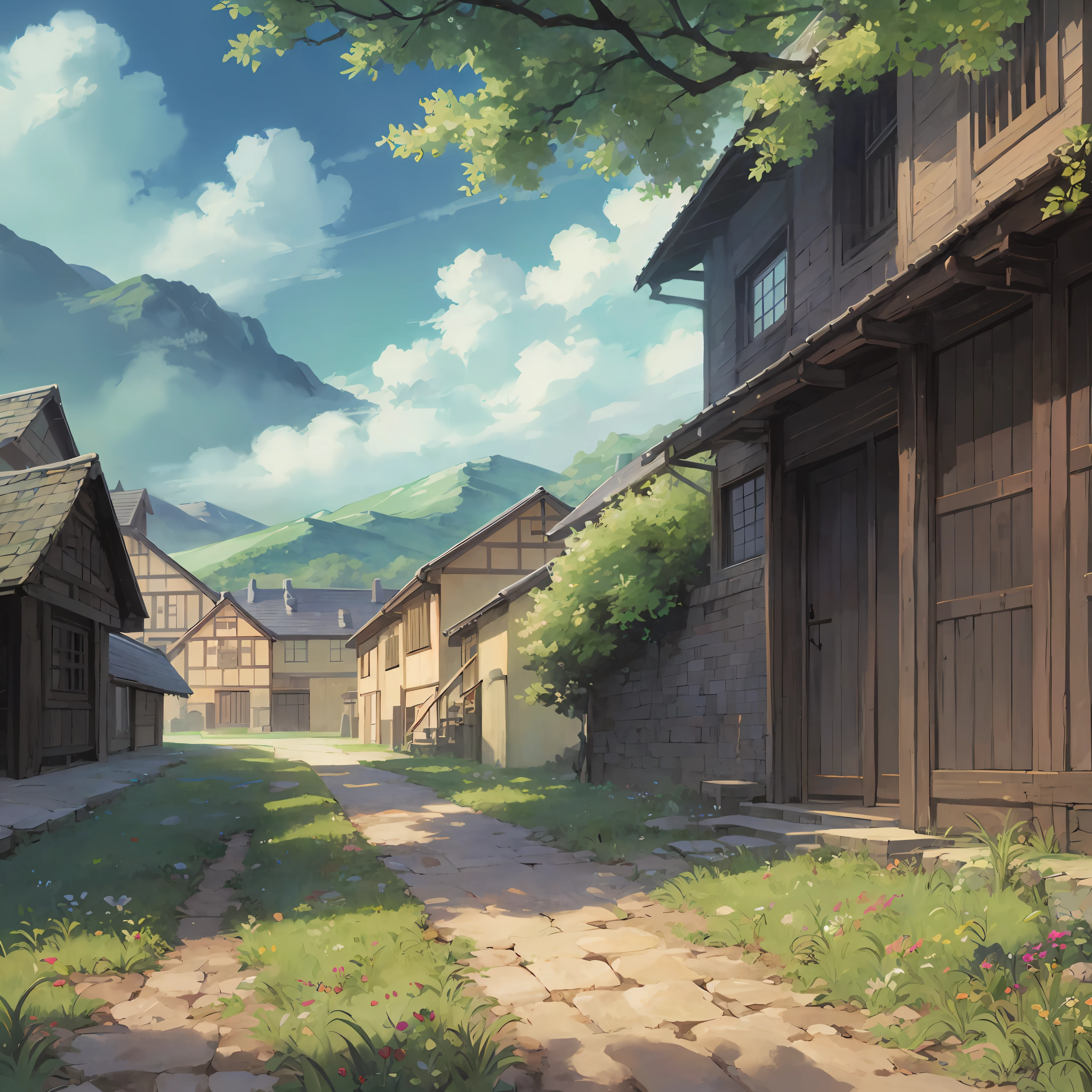 In the style of landscape、Ghibli、Sky and clouds、Brush Touch、sky line、light and shadows、Delicate drawing、Old Japan house
