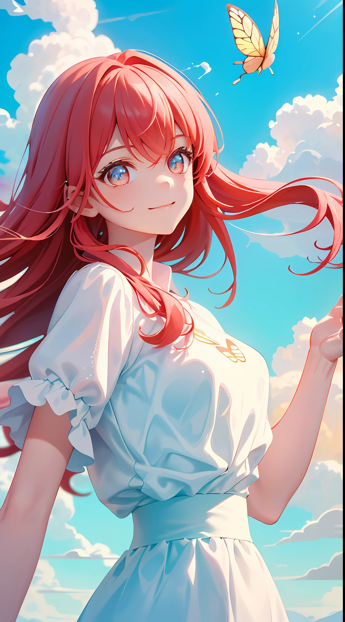 Masterpiece, Best Quality, Movie Stills, 1Girl, Floating in the Sky, Cloud Girl, Clouds, (Close-up: 1.1), Bright, Happy, Funny, Soft Lighting, Pale red Hair, Smile, butterfly