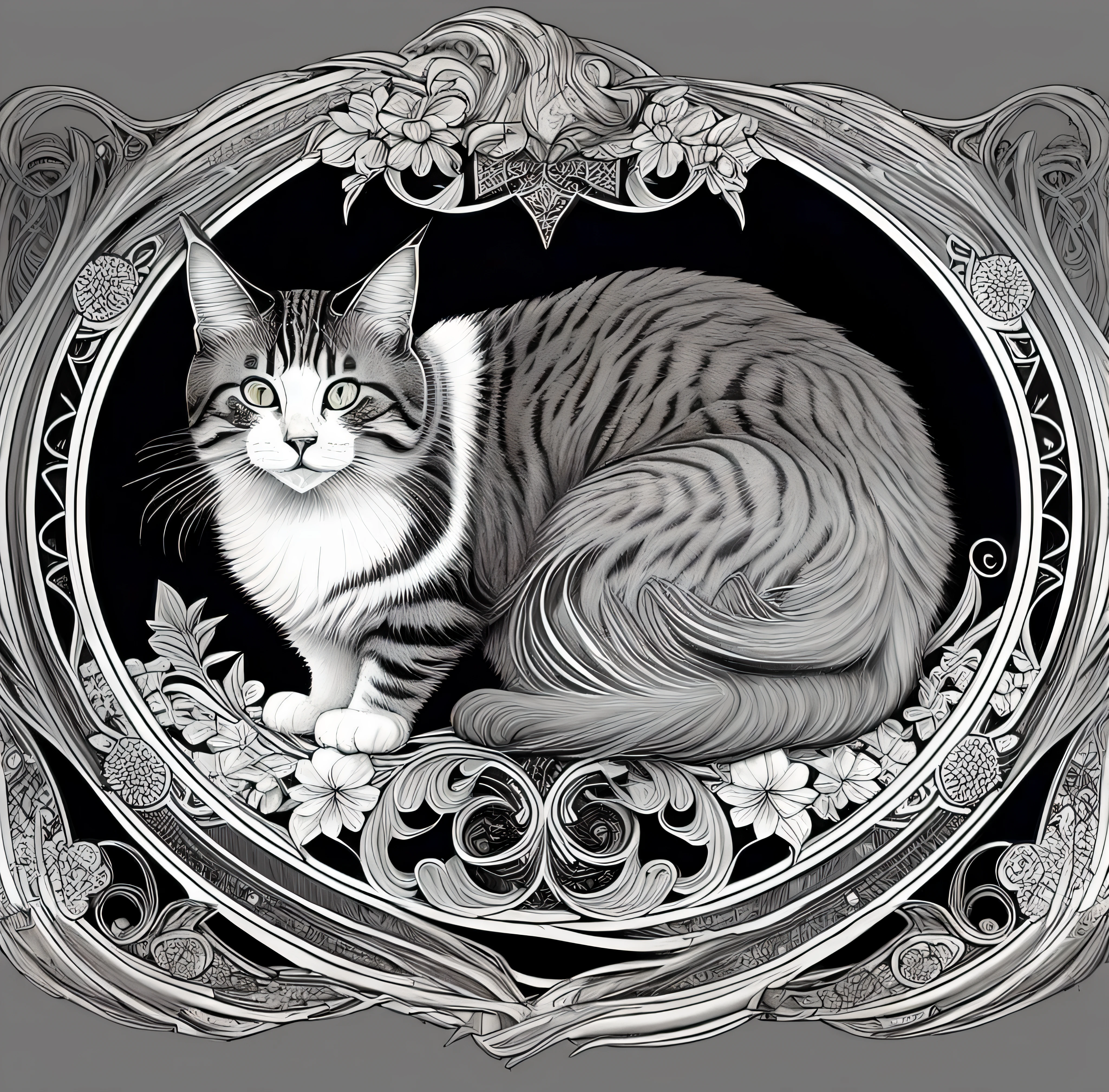 There is a cat that is sitting in a decorative frame, gato detalhado, Alex Gato Cinza, gato elegante, anthropomorphic large maine coon, design do gato, retrato do gato, highly detailed and hypnotic, gato preto e branco, anthropomorphic cat, illustration of a cat, Arte detalhada 4k, anthropomorphic female cat, arte excessivamente detalhada