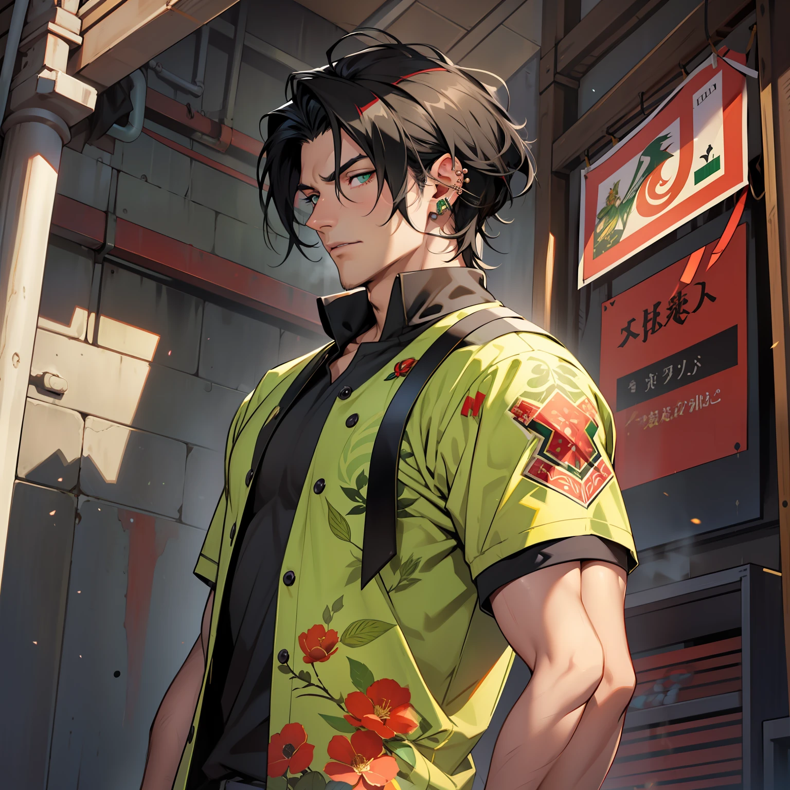 I have jet black hair that flows past my shoulders. It is usually tied behind me on top of my head with a red ribbon. My eyes are emerald green. My skin is the colour of honey, and I stand at just over six foot tall. Handsome male, bara. Casual clothes. Piercings.
