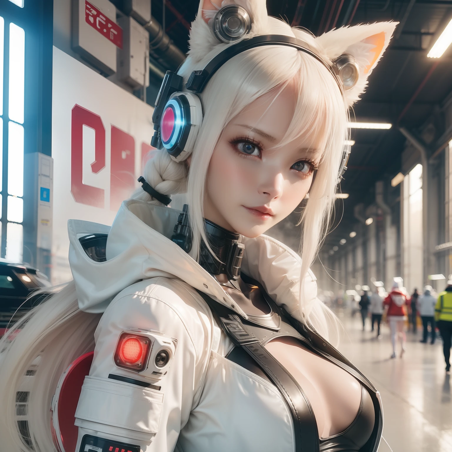 1girl, white plastic skin, cyberpunk, factory, cybernetics eyes,  chemical animal ears, detailed background, cowboy shot,