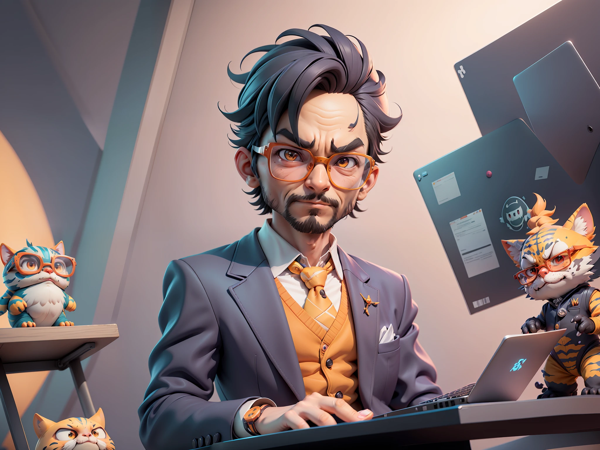 A young man in a suit, Short hair and glasses sat at his desk，holding laptop，digitial painting，tigre，3D character design by Mark Clairen and Pixar and Hayao Miyazaki and Akira Toriyama，4K HD illustration，Very detailed facial features and cartoon-style visuals。