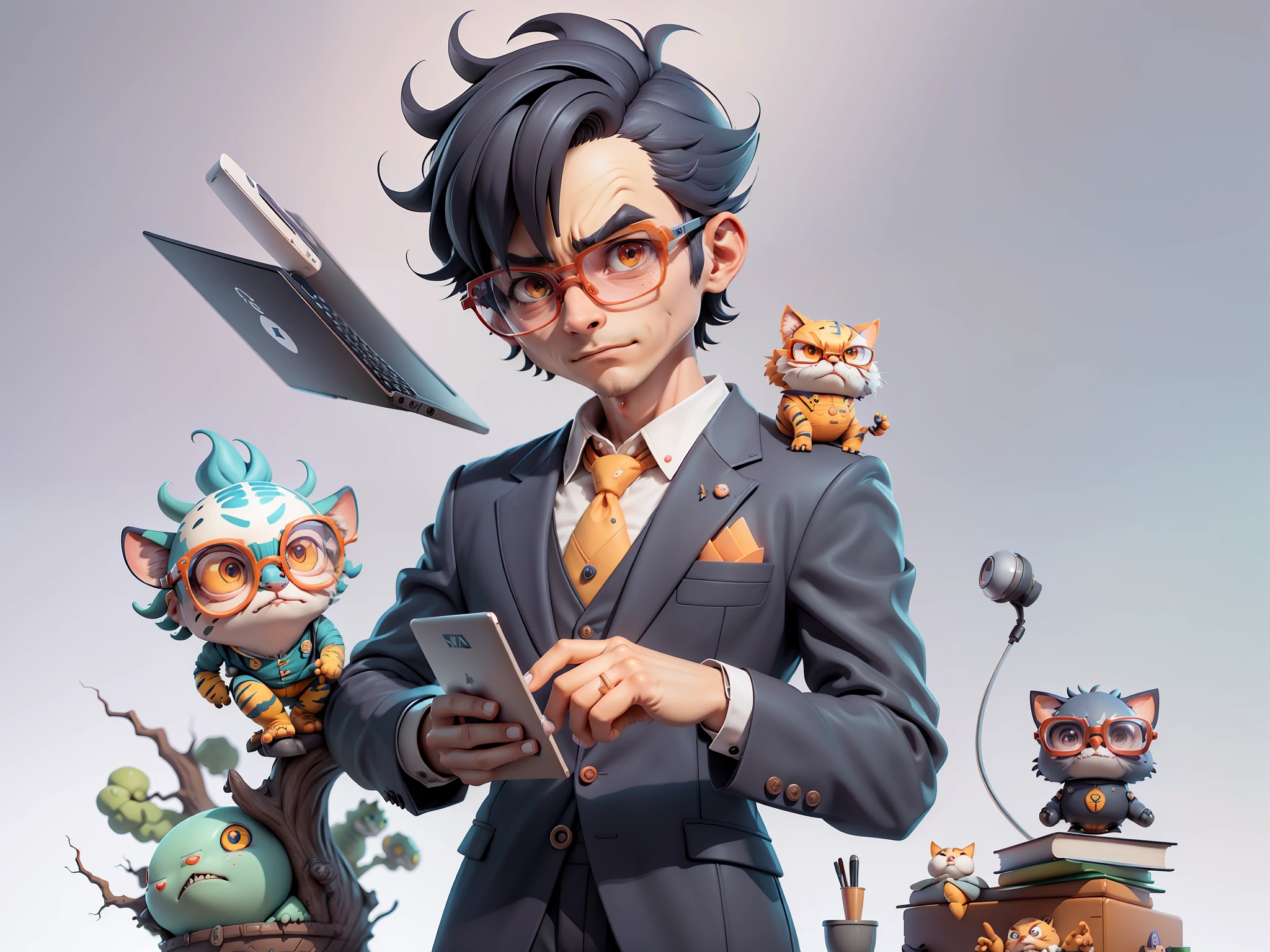 A young man in a suit, Short hair and glasses sat at his desk，holding laptop，digitial painting，tigre，3D character design by Mark Clairen and Pixar and Hayao Miyazaki and Akira Toriyama，4K HD illustration，Very detailed facial features and cartoon-style visuals。