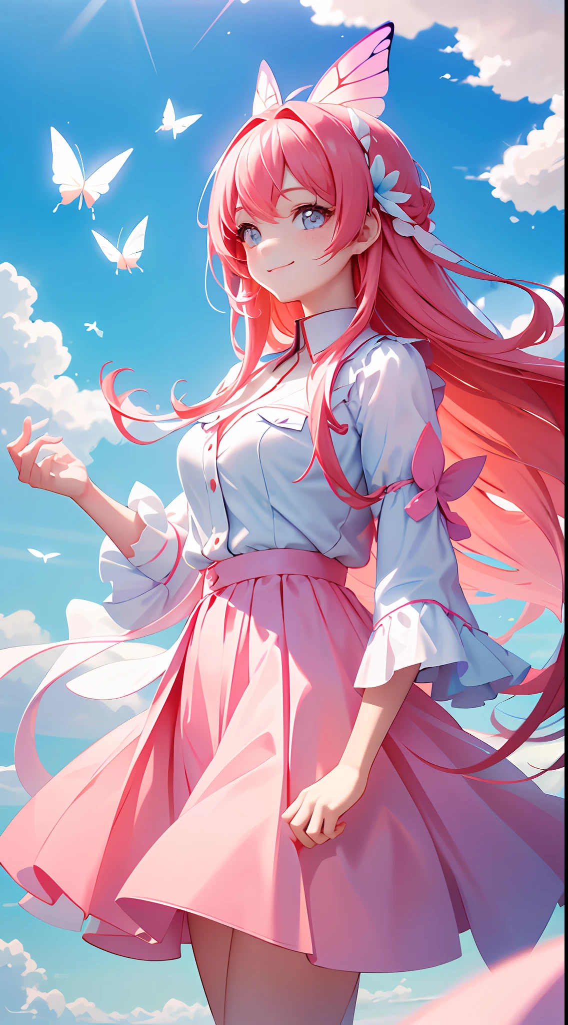 Masterpiece, Best Quality, Movie Stills, 1Girl, Floating in the Sky, Cloud Girl, Clouds, (Close-up: 1.1), Bright, Happy, Funny, Soft Lighting, Pale red Hair, Smile, pink butterfly