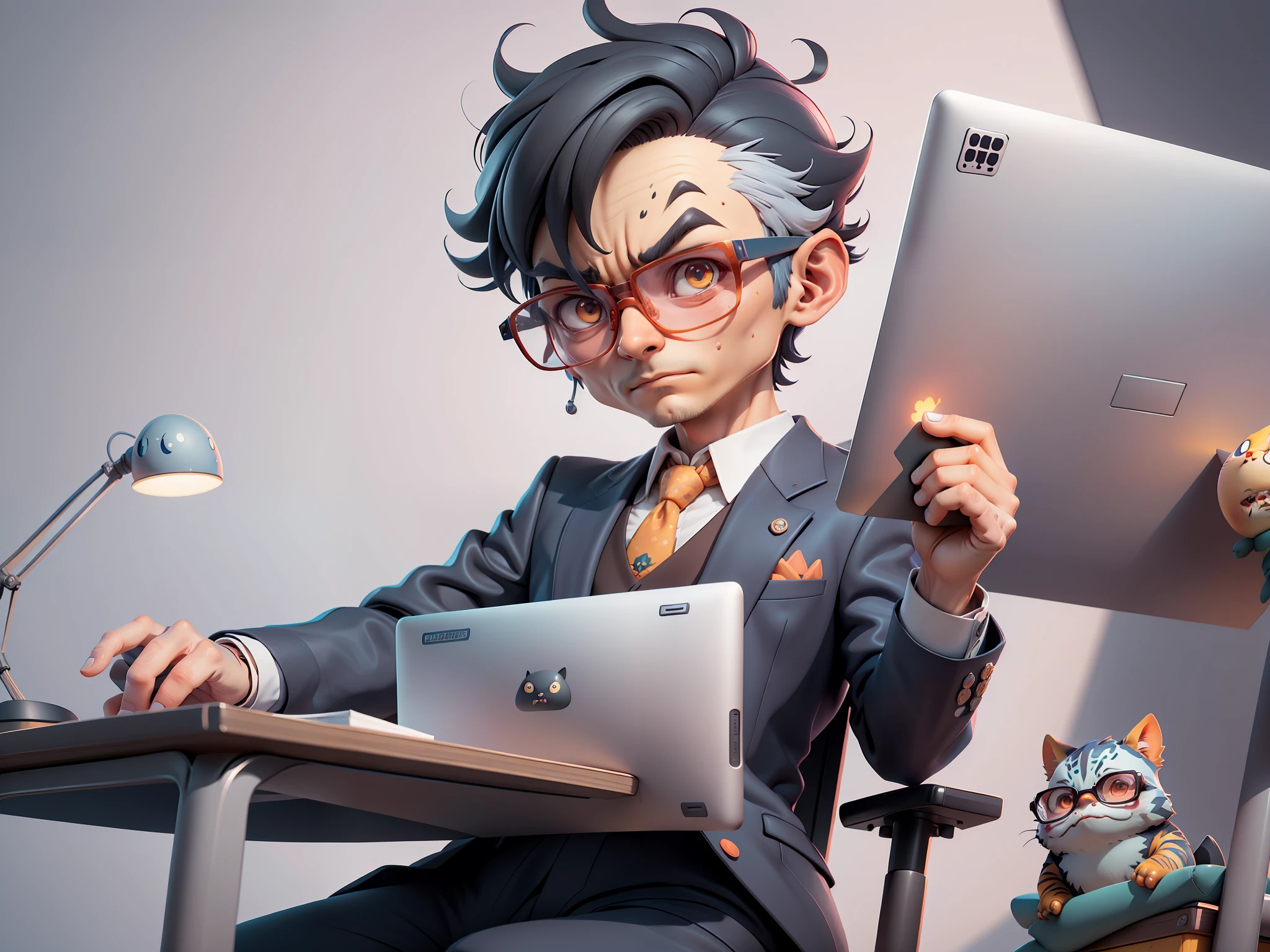 A young man in a suit, Short hair and glasses sat at his desk，holding laptop，digitial painting，tigre，3D character design by Mark Clairen and Pixar and Hayao Miyazaki and Akira Toriyama，4K HD illustration，Very detailed facial features and cartoon-style visuals。