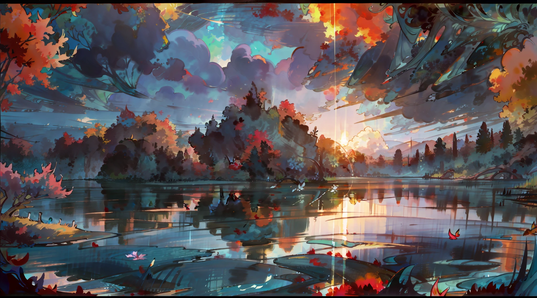 A surreal masterpiece，Accompanied by colorful water and fantastic reflections。The beautiful sky blends in with the color of the lake，It's like a flame。This 8K picture creates a fantastic atmosphere，Colorful clouds reflected in the water，A masterpiece for creating surreal visual experiences，best qualtiy，（Very detailed CG unity 8K wallpaper）（best qualtiy），（Most Best Illustration），（Best shadow）Nature'，Delicate leaves and flowers of various colors fall in the water，ultra-detailliert，The most realistic reflection of the water surface