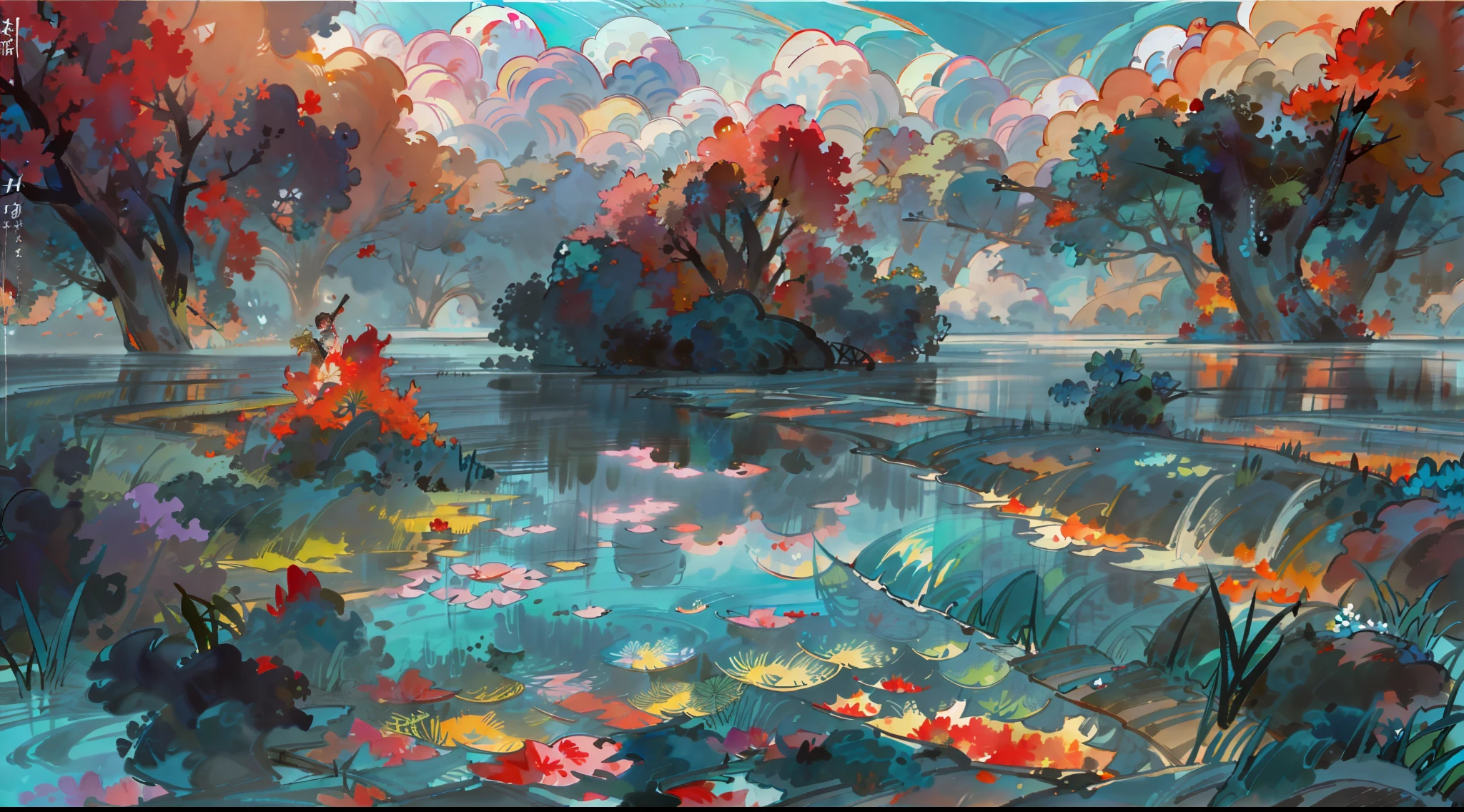 A surreal masterpiece,Accompanied by colorful water and fantastic reflections。The beautiful sky blends in with the color of the lake,It's like a flame。This 8K picture creates a fantastic atmosphere,Colorful clouds reflected in the water,A masterpiece for creating surreal visual experiences,best qualtiy,(Very detailed CG unity 8K wallpaper)(best qualtiy),(Most Best Illustration),(Best shadow)Nature',Delicate leaves and flowers of various colors fall in the water,ultra-detailliert,The most realistic reflection of the water surface