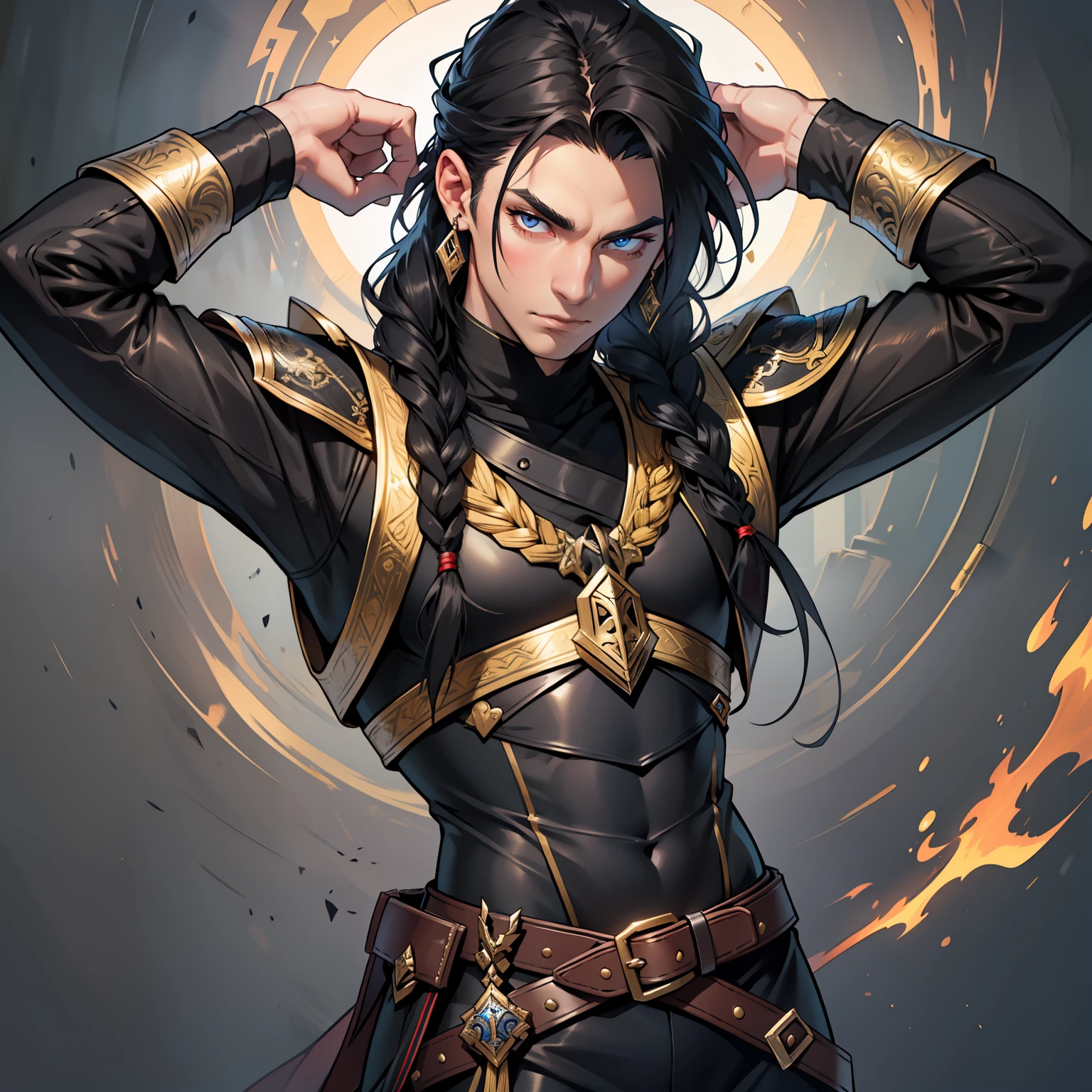 I present myself before you as a fine, young demon. I have a dark, handsome face, with wavy, black hair adorned with small silver braids. My eyes are a deep, vibrant gold. My attire consists of black leather armor, complemented with fine metal embellishments. In my left hand, I wield a deadly, two-handed sword. My right hand rests upon my hip, where my dagger is holstered. Bara