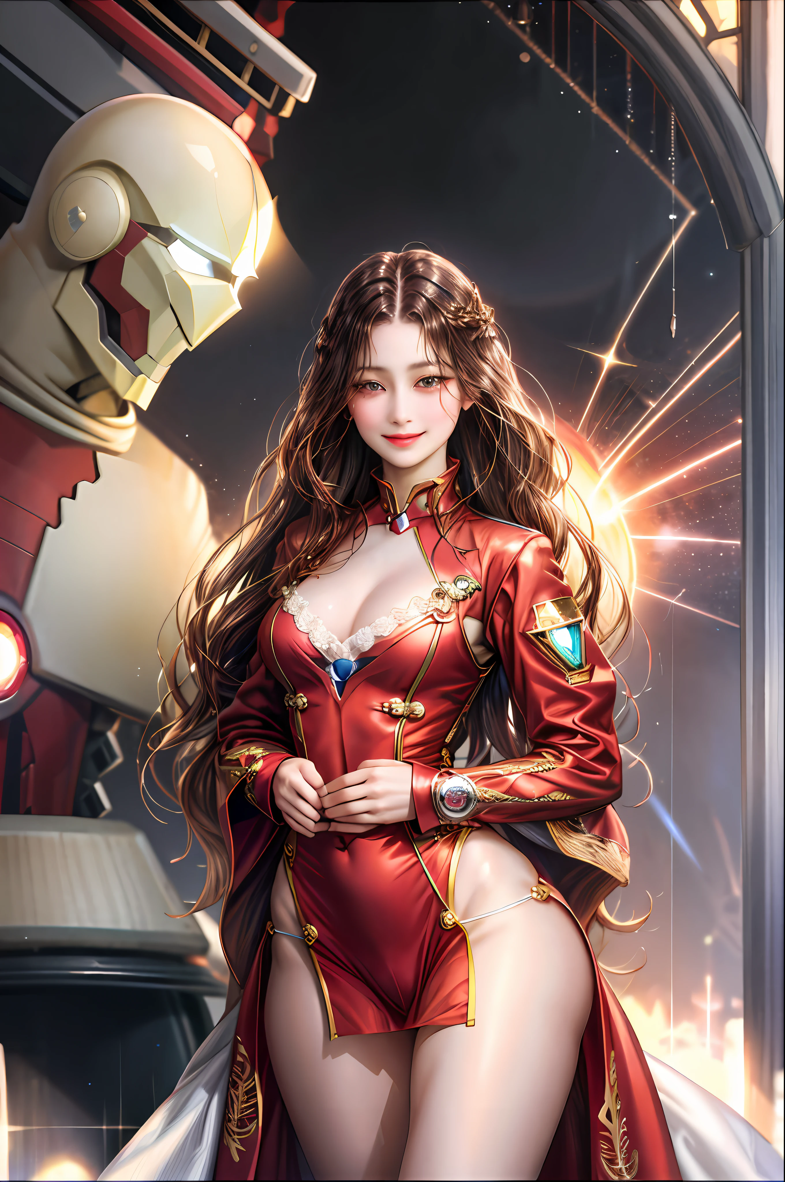 (absurderes,A high resolution,ultra - detailed),1girll,独奏,mature,(Very long hair,brunette color hair),Transparent Iron Man uniform,比基尼,cleavage,nakeness,obscenity,Emotive expressions,Smile,Pussy bulge,with no underpants,Expose the genitals,Protruding ,Bigchest,Cocked buttocks,Raised sexy,Colorful,Most detailed,The upper part of the body,exteriors,trpical garden