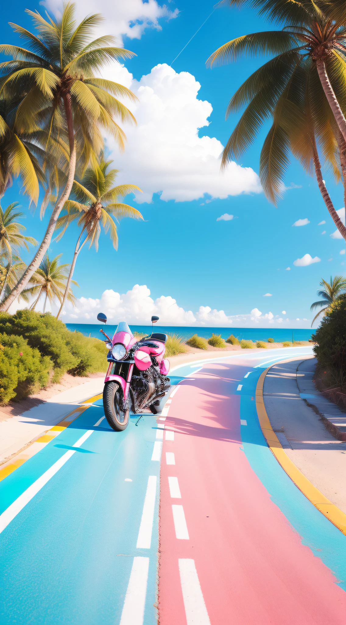 A sunny morning，Curved black asphalt pavement，There is a pink motorcycle on the road diagonally on the side of the road，The road leads to the glowing turquoise sea，The sky is blue，There are clouds and the sun，Ultra-clear picture quality，