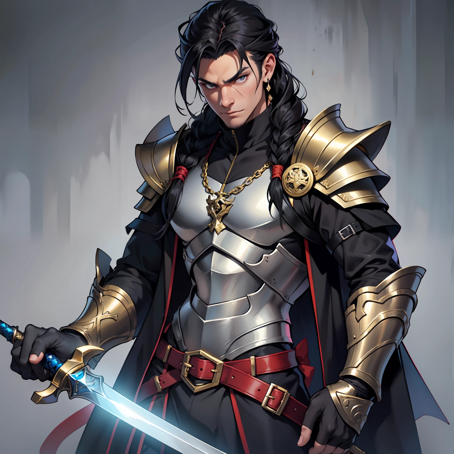 I present myself before you as a fine, young demon. I have a dark, handsome face, with wavy, black hair adorned with small silver braids. My eyes are a deep, vibrant gold. My attire consists of black leather armor, complemented with fine metal embellishments. In my left hand, I wield a deadly, two-handed sword. My right hand rests upon my hip, where my dagger is holstered. Bara