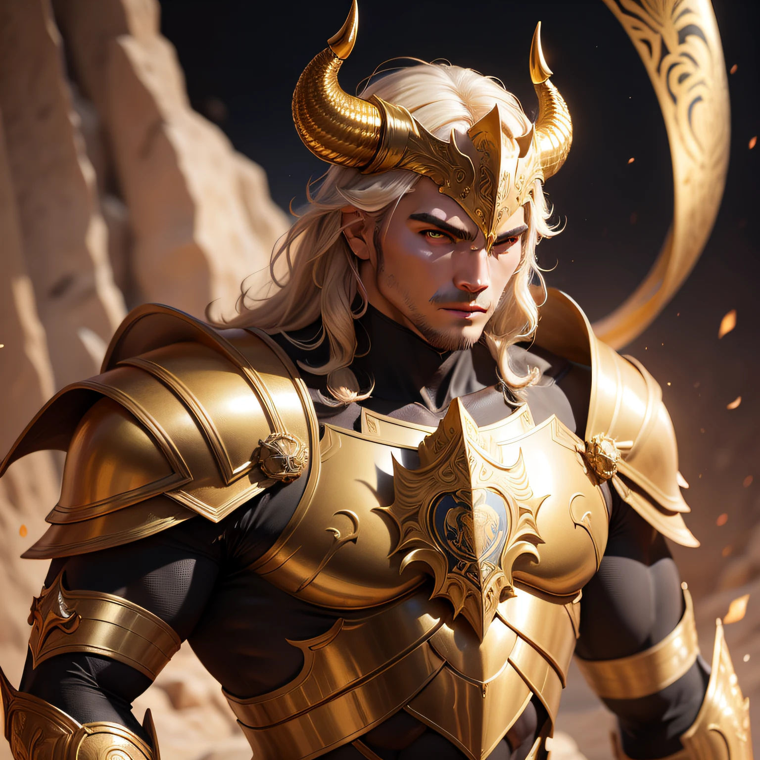 golden knight man inspired by the Knights of the zodiac. olhos marrom , grande , sentado em uma pedra, Symbol of a bull on armor.