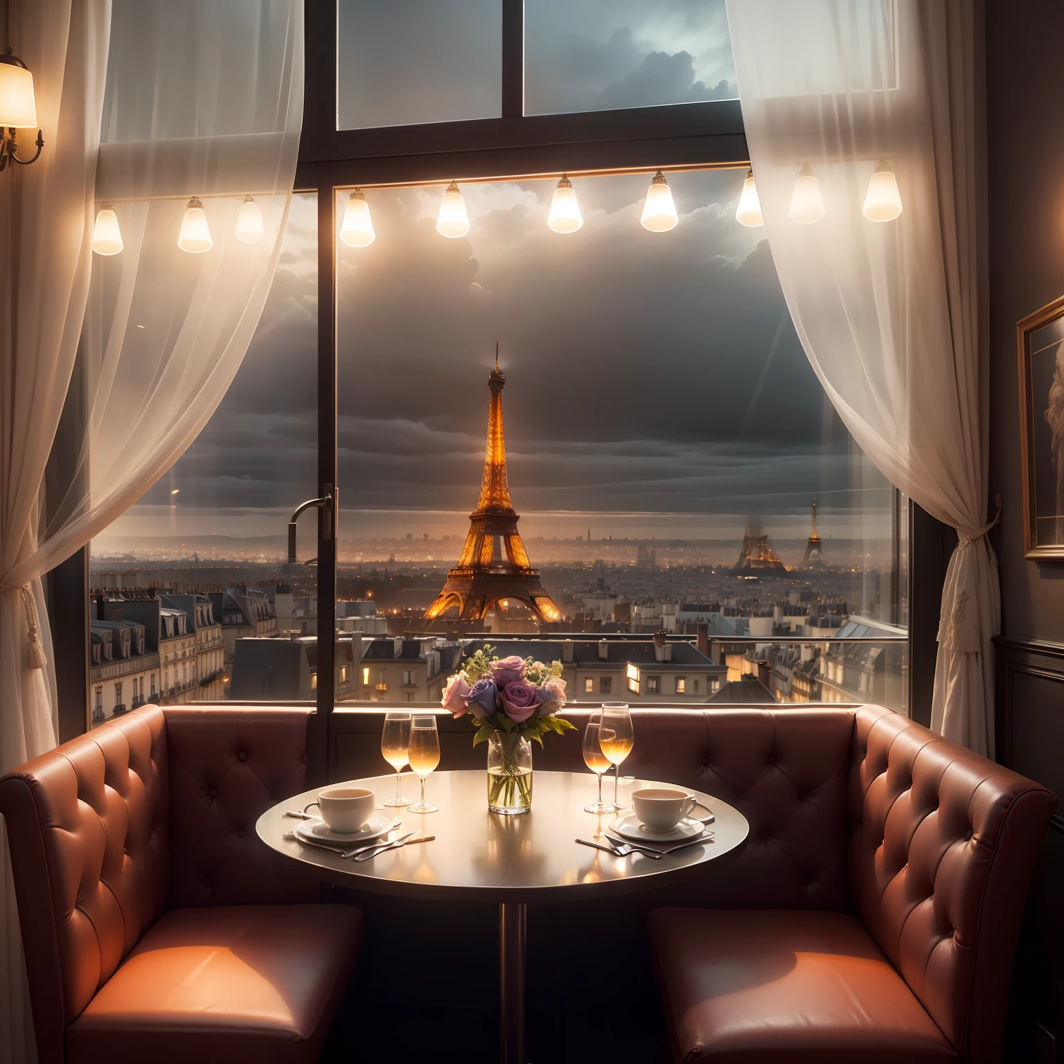 Dreamy Paris Interiour Cafe restaurante Ambiente com chuva , janela com vista para Torre Eiffel , cozy décor, varias mesas de madeira, com cadeiras de madeira e estofado, luz indireta com abajour e velas