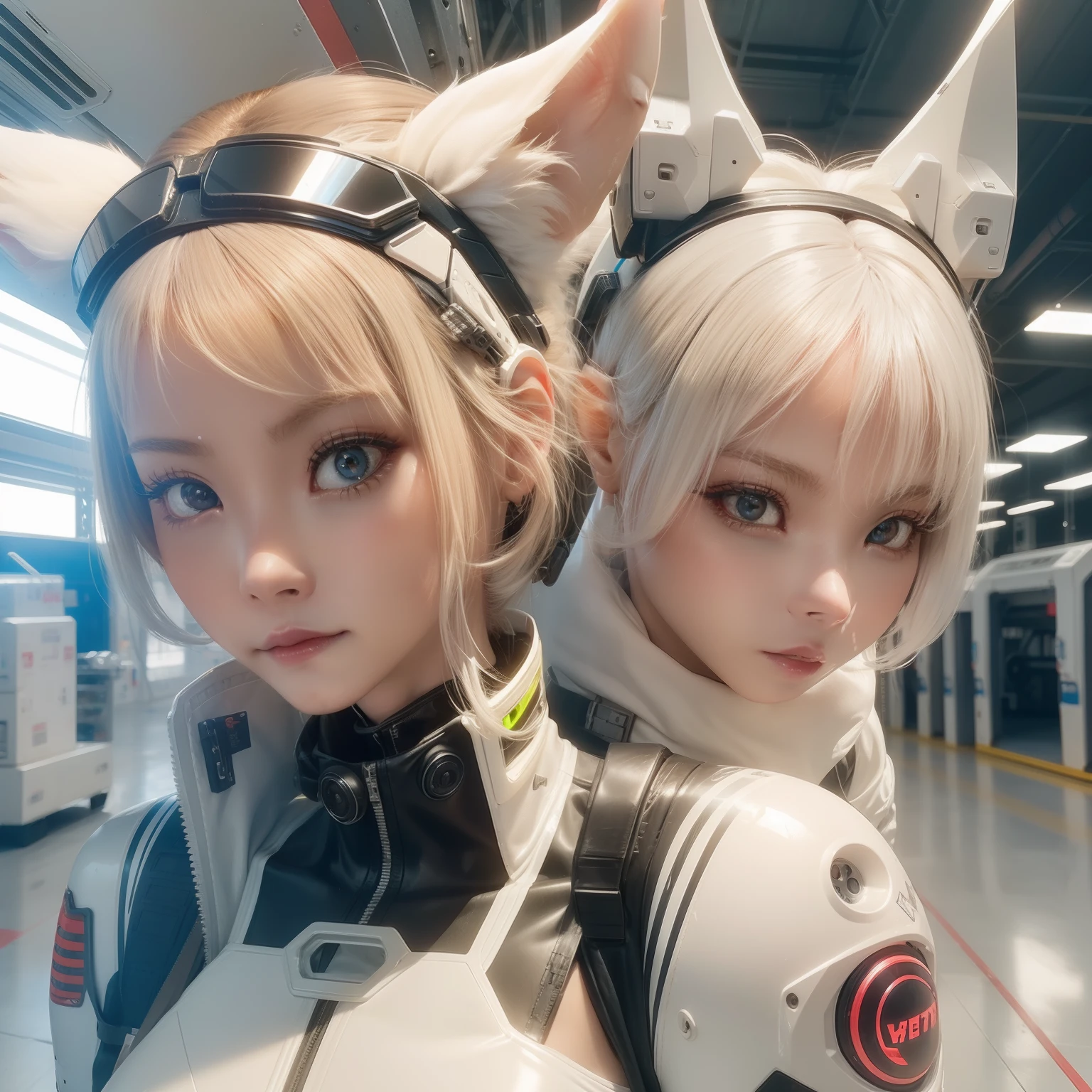 1girl, white plastic skin, cyberpunk, factory, cybernetics eyes,  chemical animal ears, detailed background, cowboy shot,