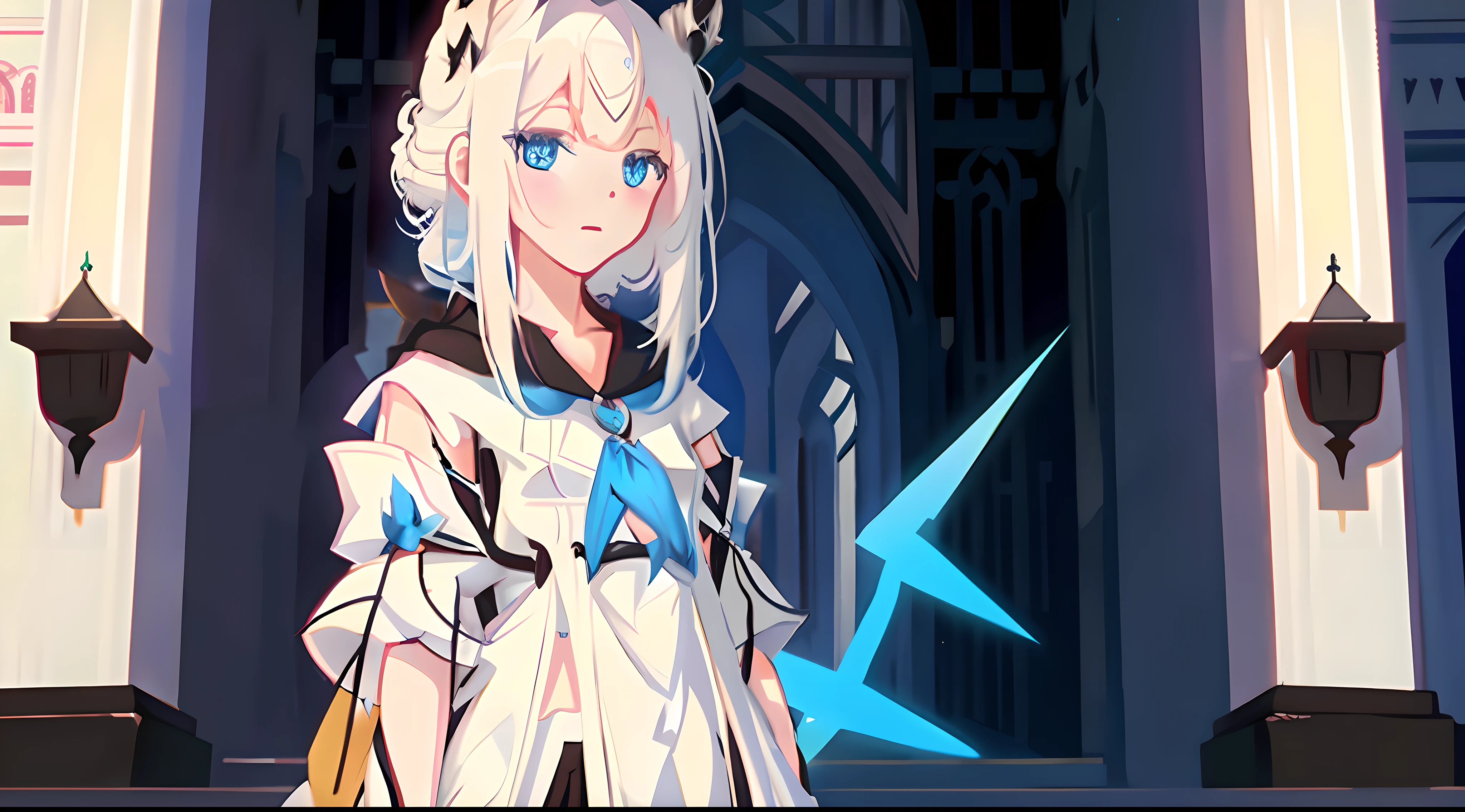 Anime - a stylistic image of a woman in a white dress and blue eyes, From the night of the ark, white-haired god, Digital anime illustration, arknight, epic mage girl character, Digital art on Pixiv, Digital anime art, hero 2 d fanart artsation, anime in fantasy style, style of anime4 K, Pixiv style, Detailed digital anime art, arcane art style