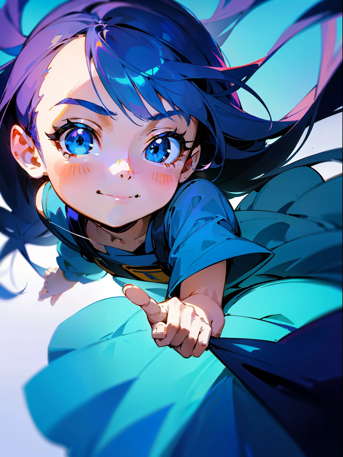 A cute  holding a catthe little girlg long hair,blue color,sweet smile, bright blue big eyes, wearing a colourful dress, super detailed rendering style, clean background， head close-up,super close-up, exaggerated perspective,silhouette shadows, realistic details --s750--q2--niji5