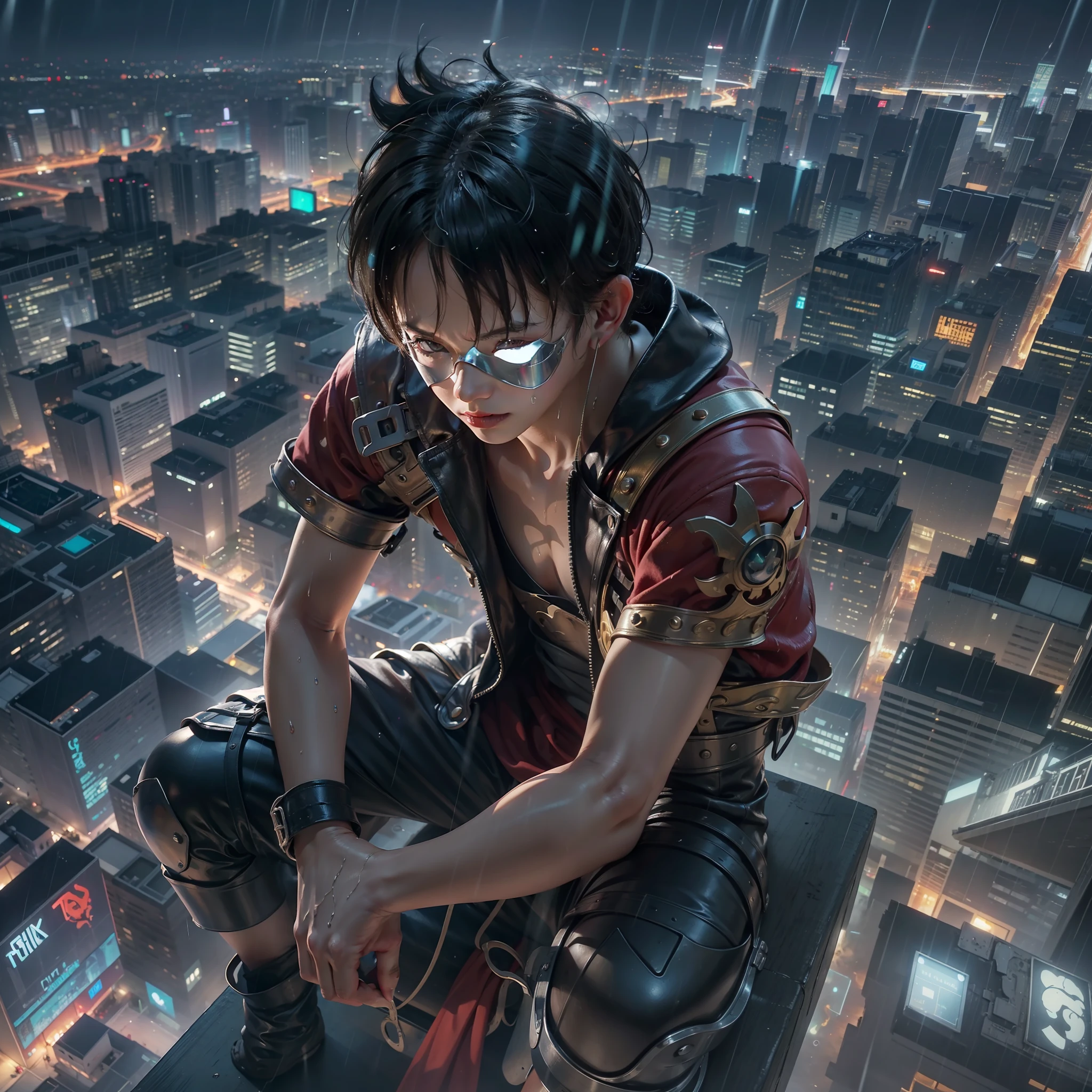 Ultra-high-resolution, ultra-detail, 8k, realistic, cinematic, realistic lighting, gloss, metallic shine, (luffy),(gear5)(boy), mask, (ultra-detailed armor), city evening modern street,Solo,View from the top,Sitting on a tall building, it's raining, the clothes are wet, the effect is wet,