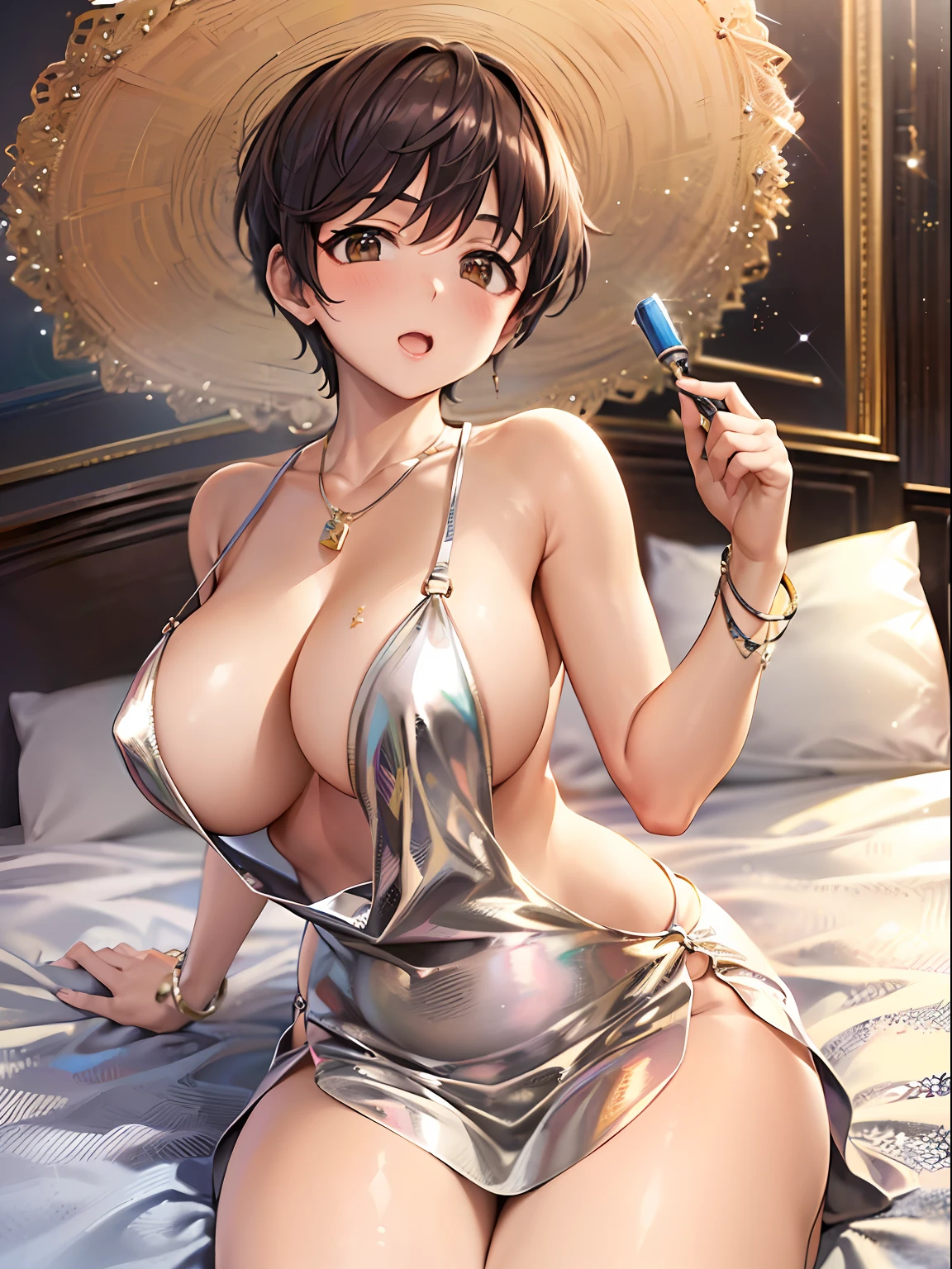 (Obra maestra)), ((La mejor calidad)), (Ultra detallado), ((kawaii)), Lindo, (bonito), ((extremadamente detallado)), 4k, (8k), La mejor calidad, (Beautiful),(((Calidad de clase mundial))), extremadamente detallado, High resolution, (Cara bonita sombreada detallada), cuerpo completo, adolescente, solamente, (((pechos gigantescos))), (((sagging breasts))), piel brillante, en el lado, en la cama, LuxuriousWheelsCostume,  vestido plateado,  Oikawa Shizuku, Ahegao