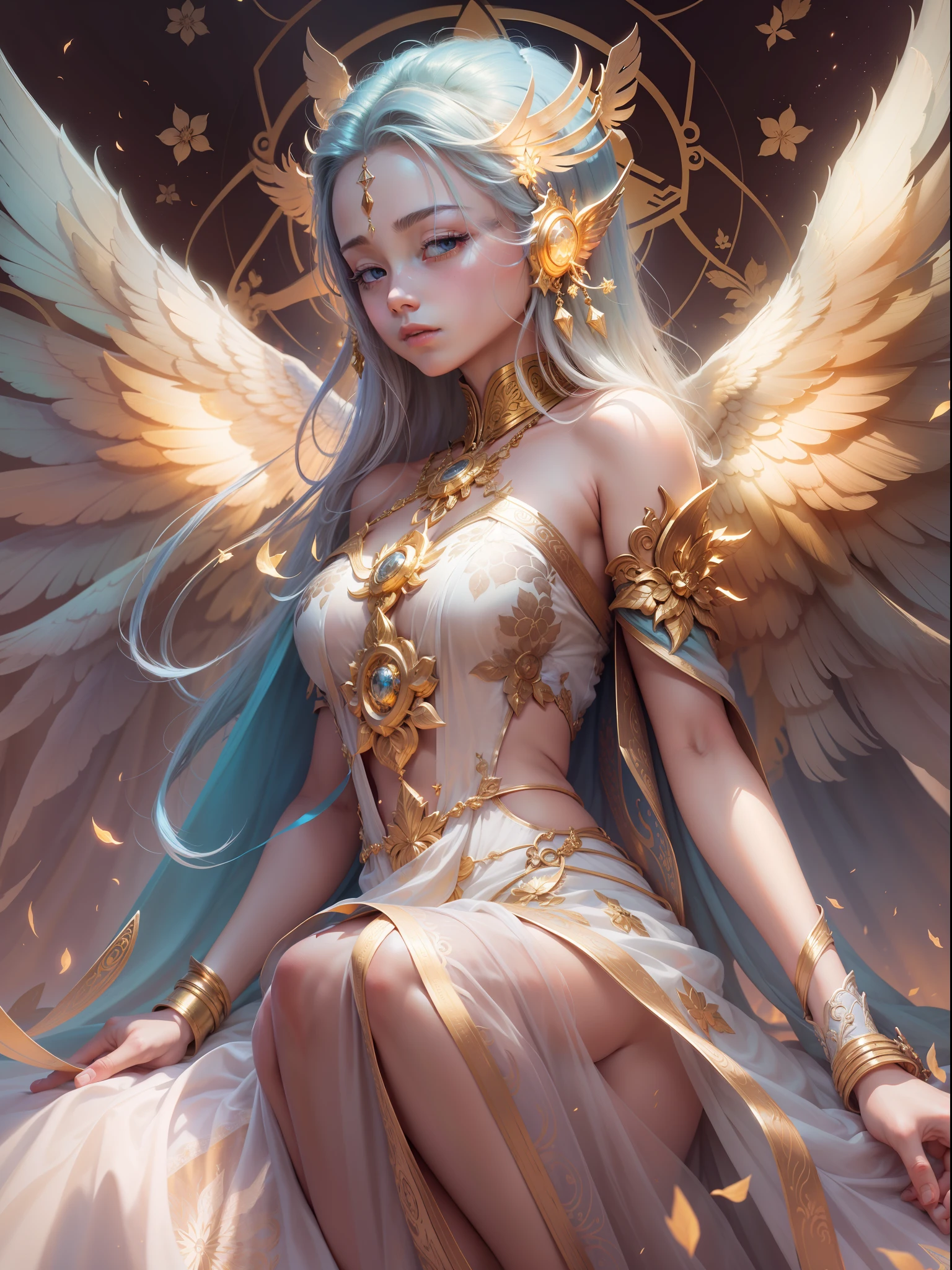 Picture quality:High detail masterpiece 8k high resolution body content:1girl 16 years old wide angle lens wearing dress,The chest is not shown,Exudes magic,long leges,The hand is surrounded by a blue halo,Exudes an aura of majesty and wisdom,Spread the golden mechanical wings behind the back,The wings radiate,Hands are a gesture of magic,Behind him is the mysterious super large Dharma Phase Golden Wheel Golden Light,Countless glowing quicksand swirl around the figure,Divine sense top light,The feeling of being high,The interweaving of gods and technology background:A dazzling and brilliant void,Brilliant with gold,Mantra style environment:fanciful,full of sunlight,The Buddha is full of light,utopian,The ethereal atmosphere of the Holy Country bathed in the light of the sky:Hopeful,Divine piety,Endless coercion,a sense of mystery, lamplight:sun light,Strong sunshine,Tech beams,Magic beam,The fantasy of the future world is intertwined with reality,Divine light color:Infused with ethereal hues and luminous gold tones,White gold color,High purity color, composition:Wide angle composition,Overlooking/Bird's eye view Style reference:Inspired by the work of Alan Lee and John Howe