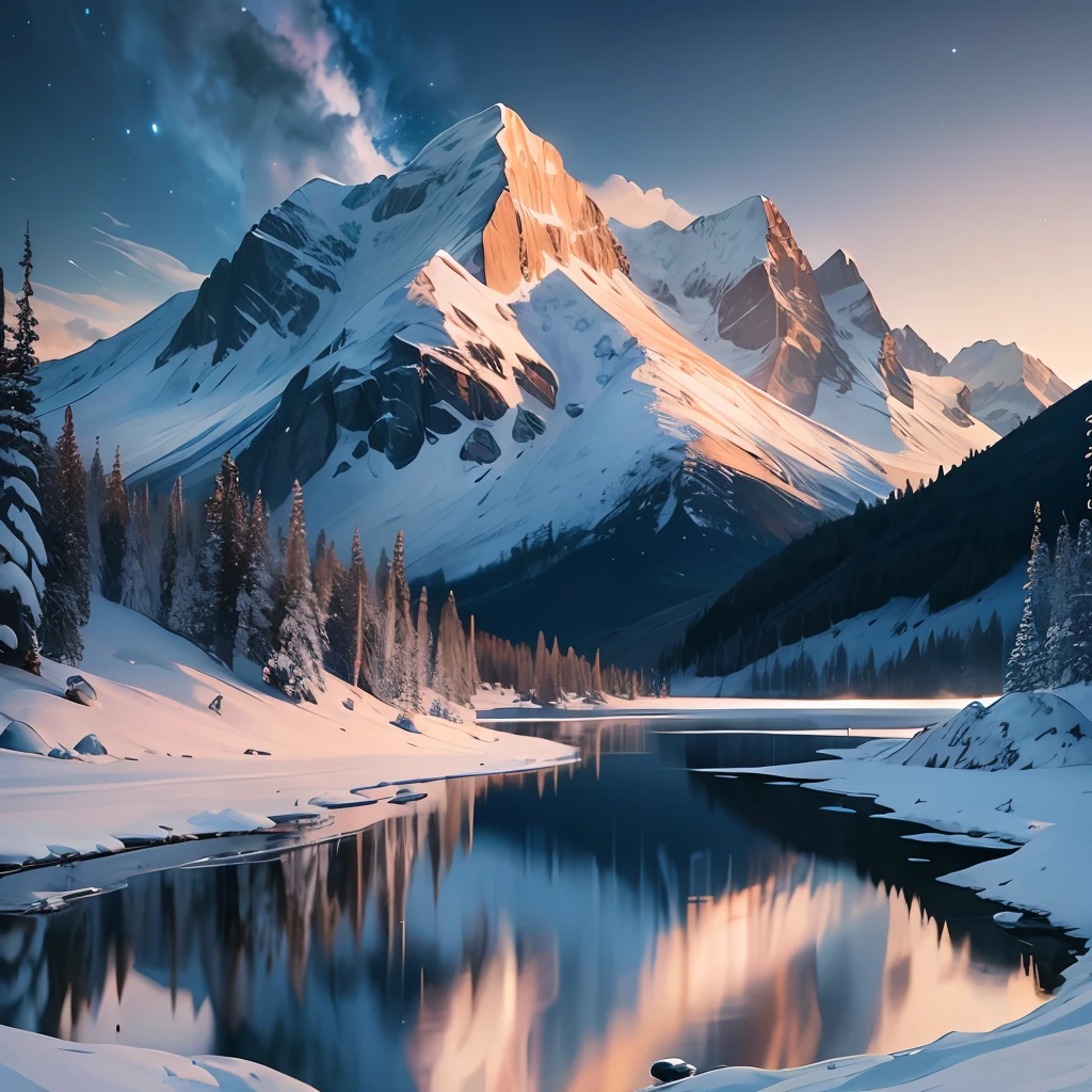 A bluish lake at the foot of a snowy mountain range, montanhas muito altas, starly sky, Night scenery, por volta das 18 horas, A sky broken in half, papel de parede