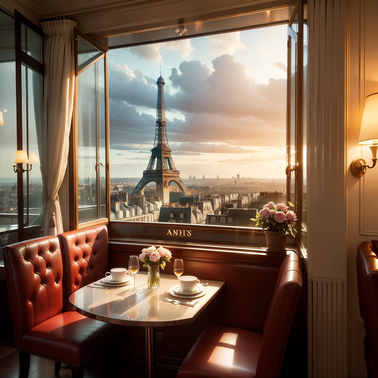 Dreamy Paris Interiour Cafe restaurante Ambiente com chuva , janela com vista para Torre Eiffel , cozy décor, varias mesas de madeira, com cadeiras de madeira e estofado, luz indireta com abajour e velas