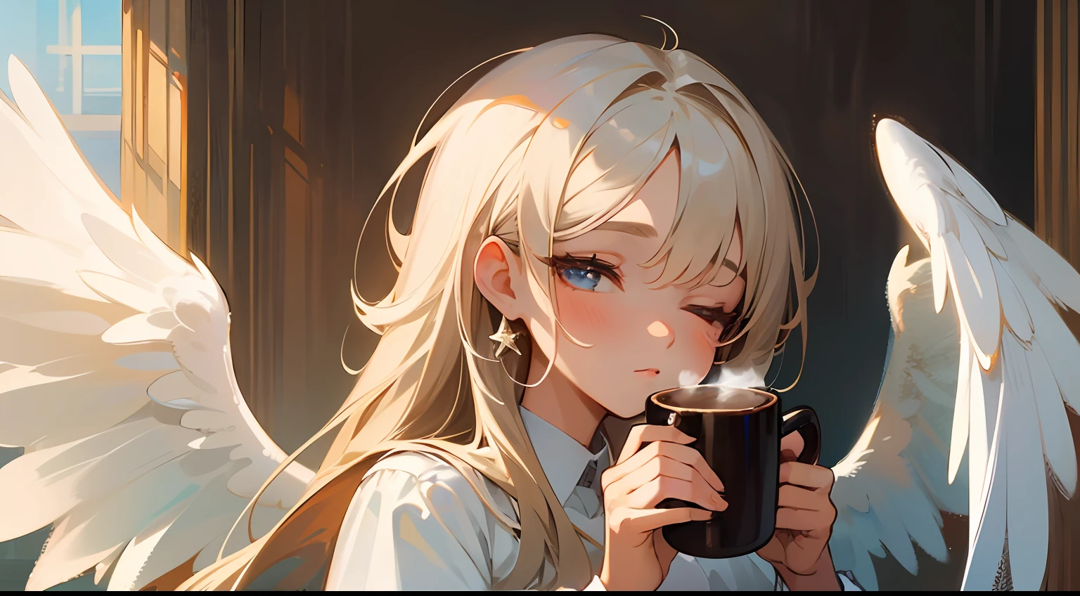 Picture of a girl with a cup of coffee and angel wings, beautiful angel girl, close one eye, beautiful angel, angel girl, beautiful angel portrait, beautiful angel girl portrait, angel, angel, coffee dark angel, winged girl angel, adorable digital painting, angel themed, angel, beautiful female angel, young one angel