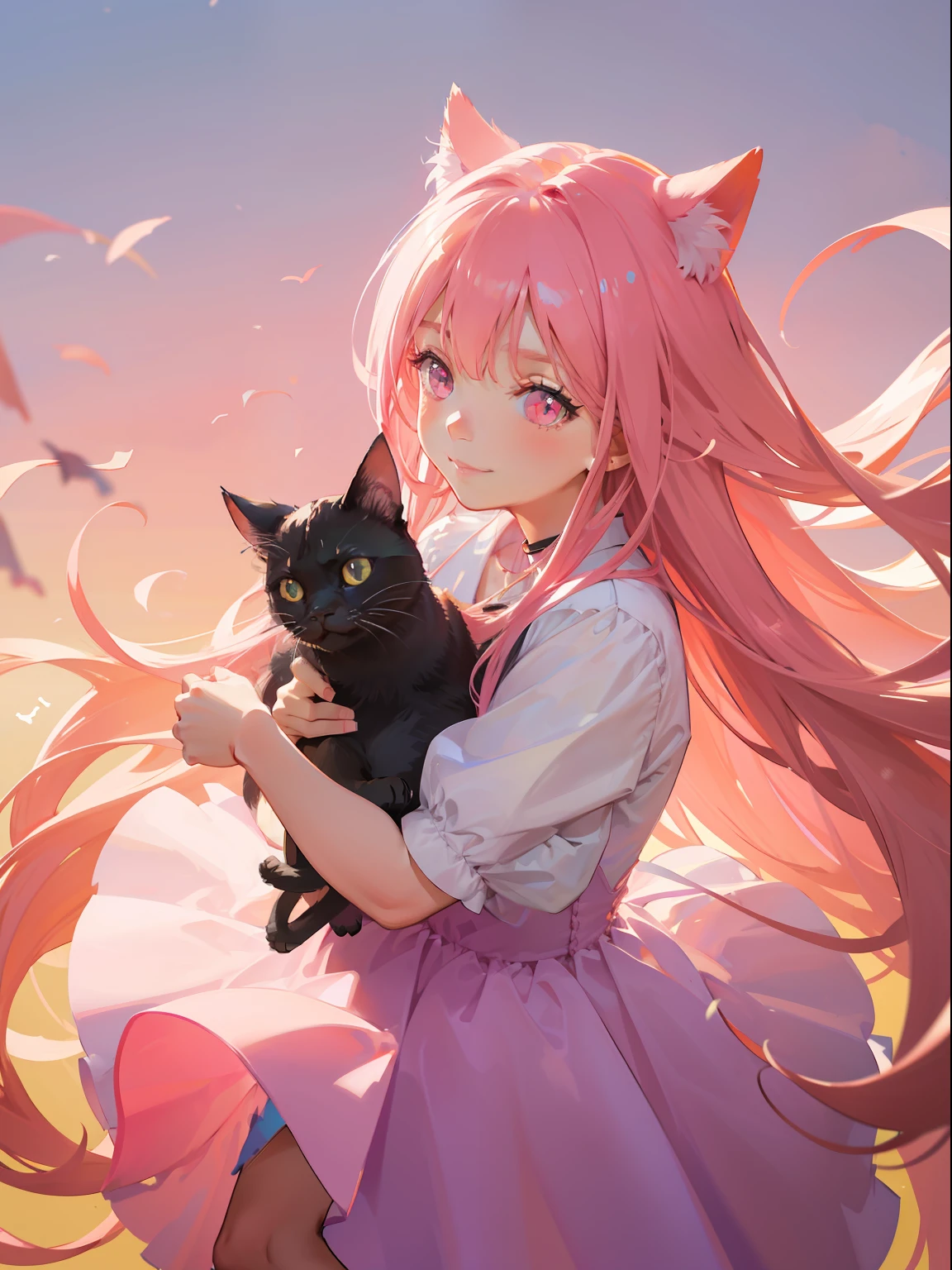 Cute little girl holding cat with flowing long hair,Pink color,Sweet smile, Big bright pink eyes, Wear colorful dresses, Super detailed rendering style, Clean background， Head close-up,Super close-up, Exaggerated perspective,Silhouette shadows, Realistic details --S750--Q2--niji5
