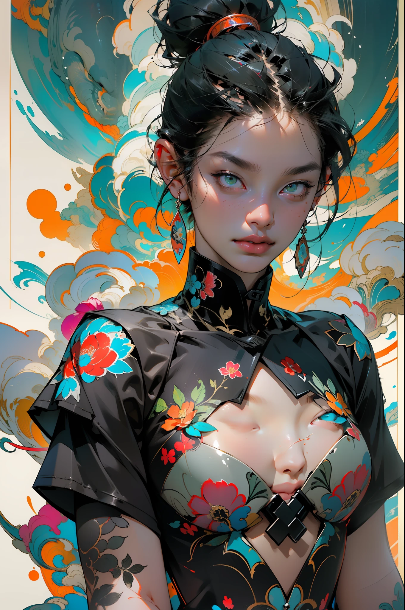 Flat tattoo effect design, Ashley Alexiss Japanese beautiful woman ponytail ultra detailed black hairstyle, (beautiful and clear background: 1.2), fantastic paintings, ultra detailed graffit style, flowers, a t-shirt or dress with a white blouse underneath future ultra detailed gacha, position, stained glass color, fantastic paintings by Joe Madureira, high quality, ultra detailed adhesive art,  ultra-detailed beautiful woman, freedom, soul, digital illustration, comic style, perfect anatomy, ultra-detailed large chest, centered, approaching perfection, dynamic, highly detailed, ultra-detailed watercolor painting, artstation, ultra-detailed concept art, smooth, sharp focus, illustration, art by flesh griffiths and wadim kashin,, anime girl pose alone, short pastel hair, heterochromia, perfect anatomy, centered, approaching perfection, dynamic,  Highly detailed, character sheet, artstation, concept art, smooth, sharp focus, Illustration, art by Kim Jung Gi, Alphonse Mucha Style, Artgerm, Flesh Griffiths and Wadim Kashin, Sasha Yakovleva, Loish, Jeremy Mann, Full Body Shot Dresses Party Ultradetailed, Character Sheet, Lightningwave, Beautiful Anime Watercolor Painting, Paint Dripping by Tim Okamura, Victor Nizovtsev, Greg Rutkowski, Noah Bradley. trend in artstation, 8k, masterpiece, graffiti painting, fine detail, full of color, intricate detail, golden proportion, maximum colors, illustration, monochrome green background, masterpiece, best quality, high quality, highres, best quality, high resolution correction, amazing bright lighting, detail enhancement, detail enhancement, various movements and pose, best quality, high quality, highres, detail enhancement,  fantastic atmosphere, hyper quality, anime, , fantastic paintings, 4k, masterpiece, highres, absurdres, natural volumetric lighting and best shadows, depth of field, sharp focus, 4k, masterpiece, highr