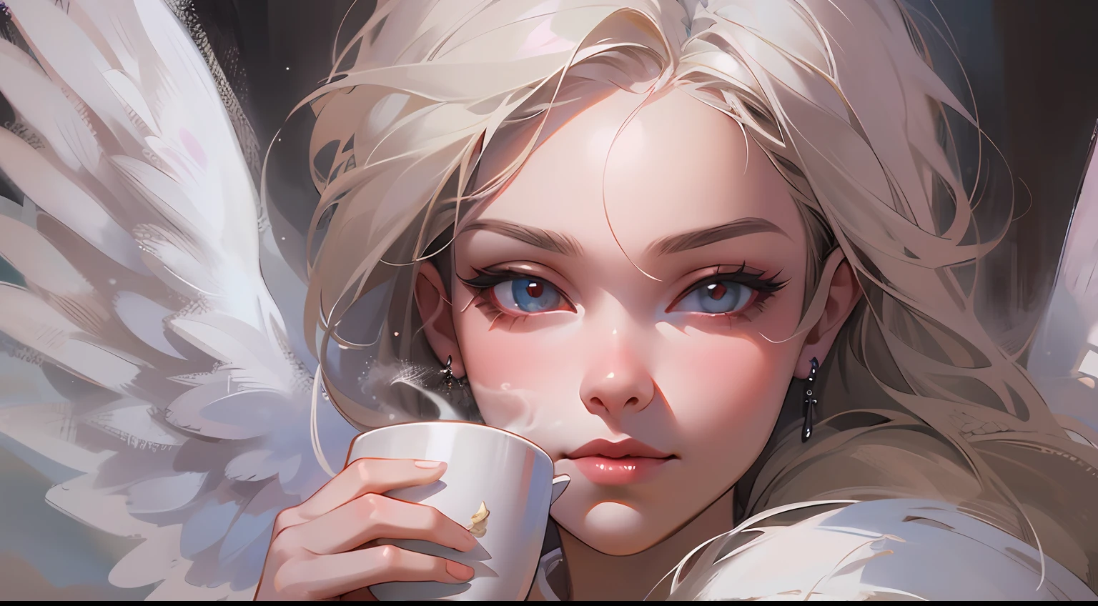 Picture of a girl with a cup of coffee and angel wings, beautiful angel girl, close one eye, beautiful angel, angel girl, beautiful angel portrait, beautiful angel girl portrait, angel, angel, coffee dark angel, winged girl angel, adorable digital painting, angel themed, angel, beautiful female angel, young one angel