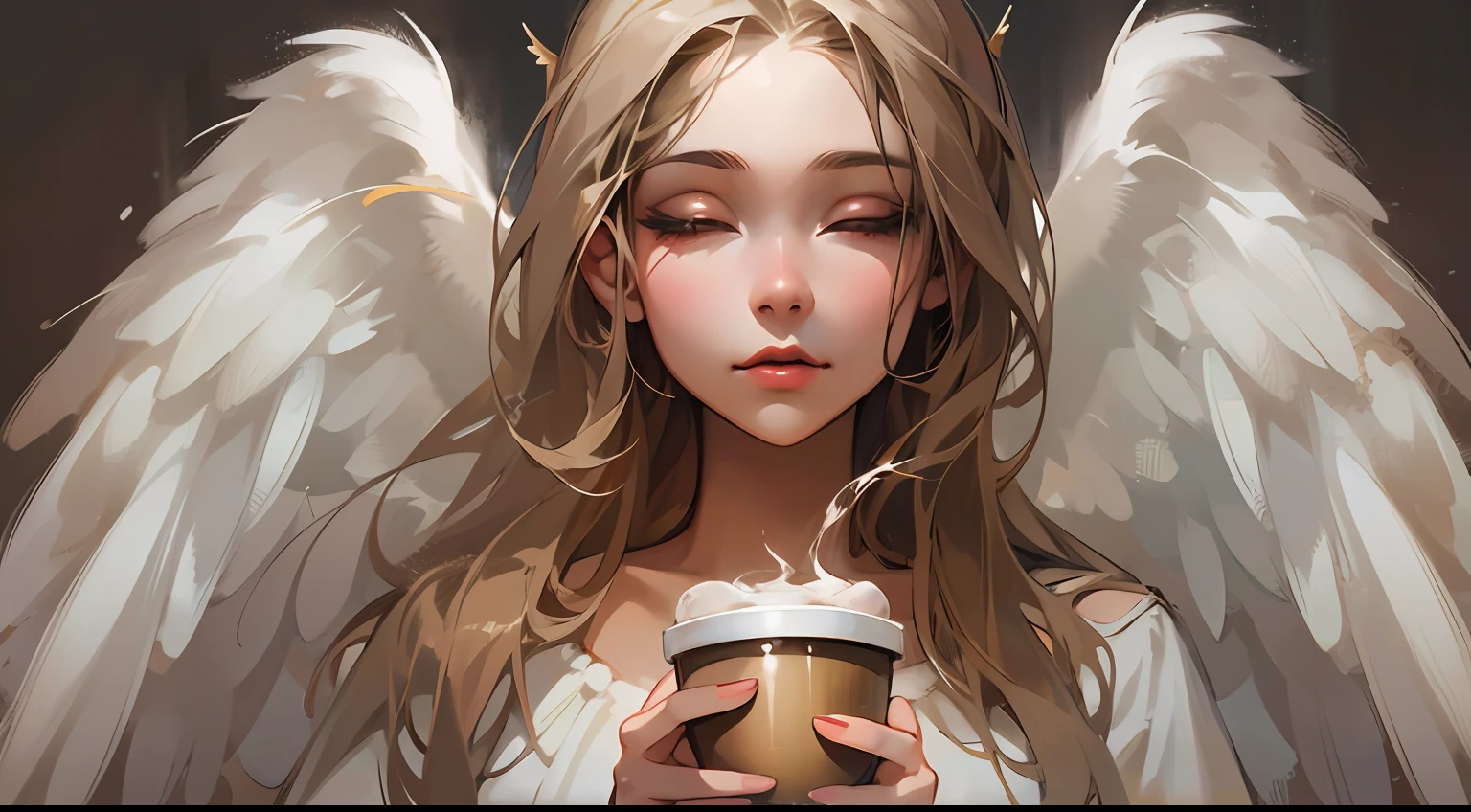 Picture of a girl with a cup of coffee and angel wings, beautiful angel girl, close one eye, beautiful angel, angel girl, beautiful angel portrait, beautiful angel girl portrait, angel, angel, coffee dark angel, winged girl angel, adorable digital painting, angel themed, angel, beautiful female angel, young one angel