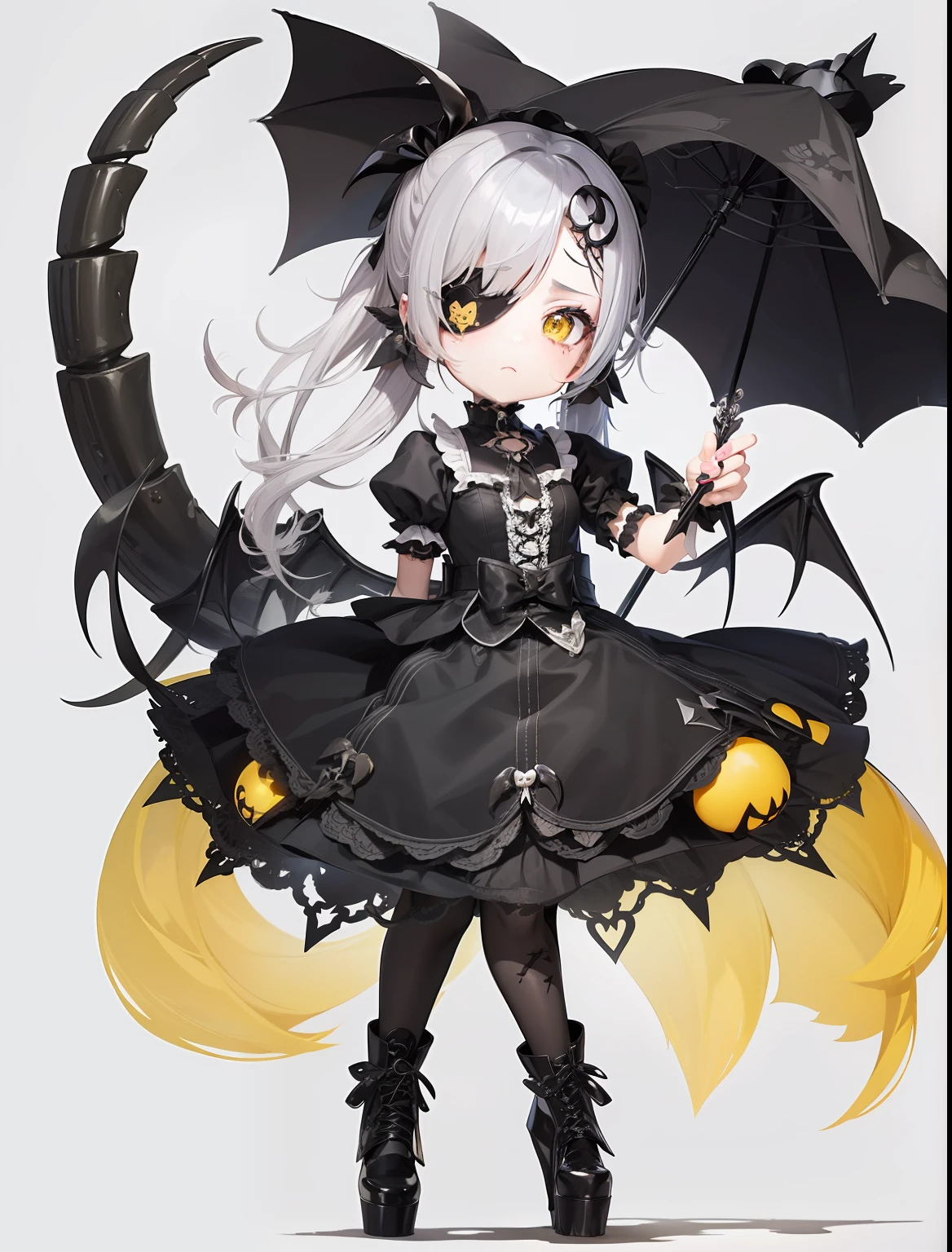 ((Beautiful girl with a scorpion tail)). She wears a gothic lolita dress with black as its base color. Her right hand changes into black crab scissors. She has gray hair and a yellow sphere hair ornament. Yellow eyes. Three pairs of hard wings from her back. Eyepatch with skull mark. Gothic parasol. Mucus dripping from her skirt. A maggot on her skirt.