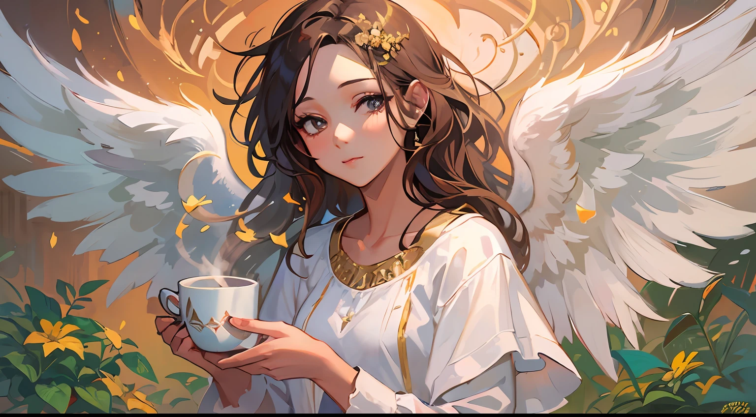 Picture of a girl with a cup of coffee and angel wings, beautiful angel girl, close one eye, beautiful angel, angel girl, beautiful angel portrait, beautiful angel girl portrait, angel, angel, coffee dark angel, winged girl angel, adorable digital painting, angel themed, angel, beautiful female angel, young one angel