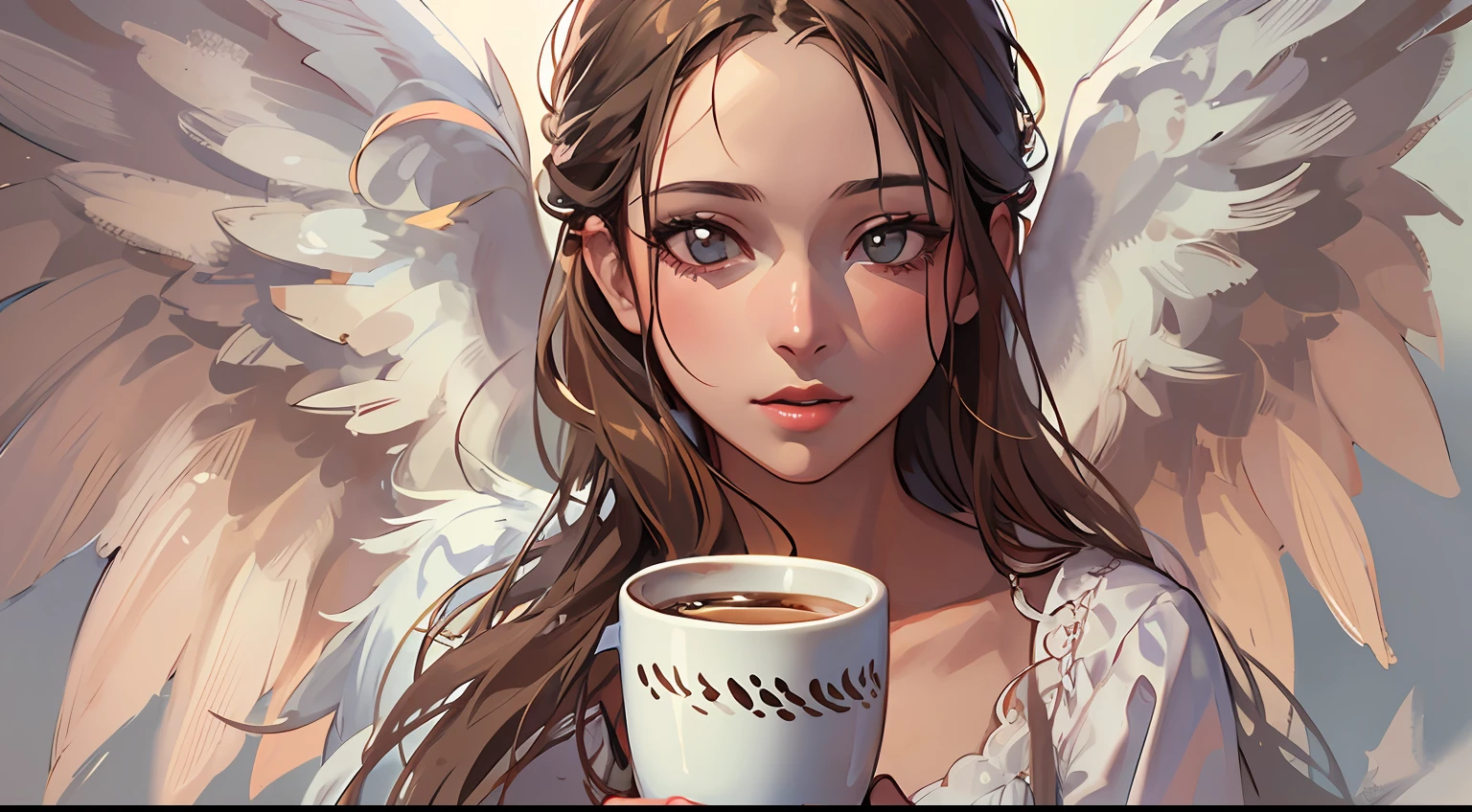 Picture of a girl with a cup of coffee and angel wings, beautiful angel girl, close one eye, beautiful angel, angel girl, beautiful angel portrait, beautiful angel girl portrait, angel, angel, coffee dark angel, winged girl angel, adorable digital painting, angel themed, angel, beautiful female angel, young one angel