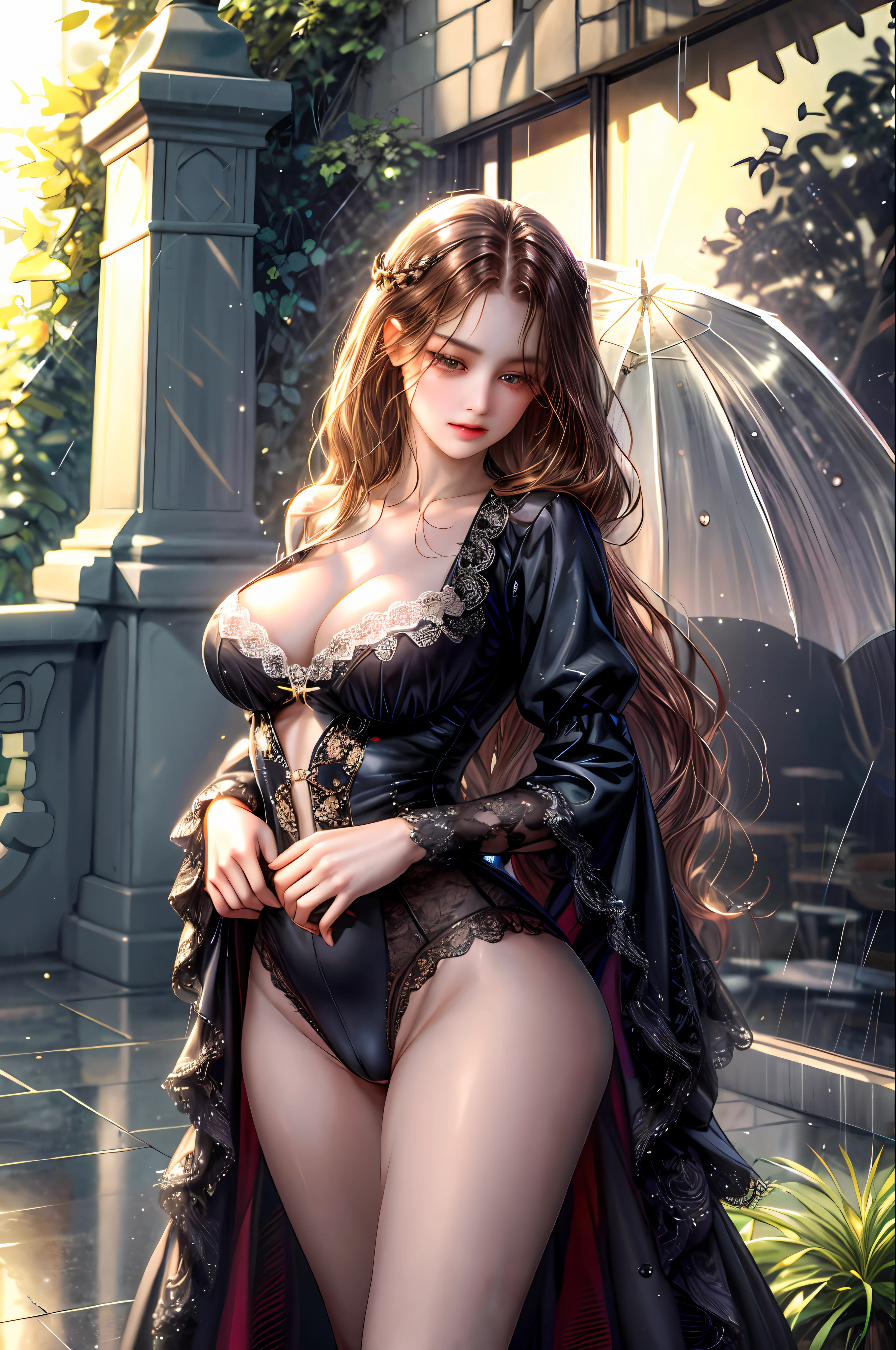 (absurderes,A high resolution,ultra - detailed),She was soaked,rained,1girll,独奏,mature,(Very long hair,brunette color hair),Transparent Batman uniform,比基尼,cleavage,nakeness,Obscenity,Emotive expressions,Open-mouthed,Pussy bulge,with no underpants,Expose the genitals,Camel toes,Protruding ,extremely large bosom,Cocked buttocks,Raised sexy,Colorful,Most detailed,The upper part of the body,exteriors,trpical garden