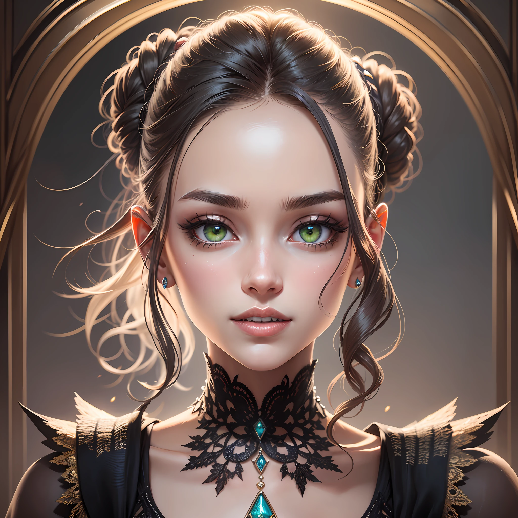 Masterpiece, beautiful mafia woman, round face, round forehead, hair tightly pulled back in a bun, ultra detail, flirty, perfect focus, gorgeous, decolletage, black french lace, jewelery, black silk string, luxurious environment, hyper detailed painting, ultra complex, head and shoulders portrait, 32k resolution concept art, unreal engine 5.2, global illumination, detailed and intricate environment, epic, portrait, beautiful green eyes, gorgeous, hyper detailed, female, sharp focus, symmetry, painted, intricate, volumetric lighting, beautiful, rich deep colors masterpiece, sharp focus, ultra detailed, centered, symmetry, painted, intricate, volumetric lighting, beautiful, rich deep colors masterpiece, sharp focus, ultra detailed textures, hyper detailed raytracing technology, raytracing lights, (raytracing reflections), MSA x16, natural skin, flirty mimic, perfect beautiful eyes, perfect teeth, extravagant cute creative very detailed dress, piercing, ultra realistic creative make up, ultra detailed textures, perfect focused, more complimentary colors --auto --s2