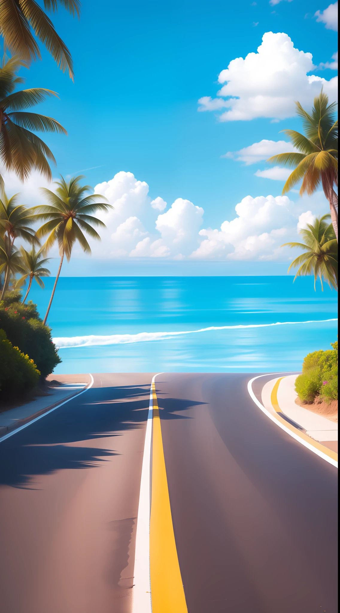 A sunny morning,Curved black asphalt pavement,The road leads to the glowing turquoise sea,The sky is blue,There are clouds and the sun,Ultra-clear picture quality,