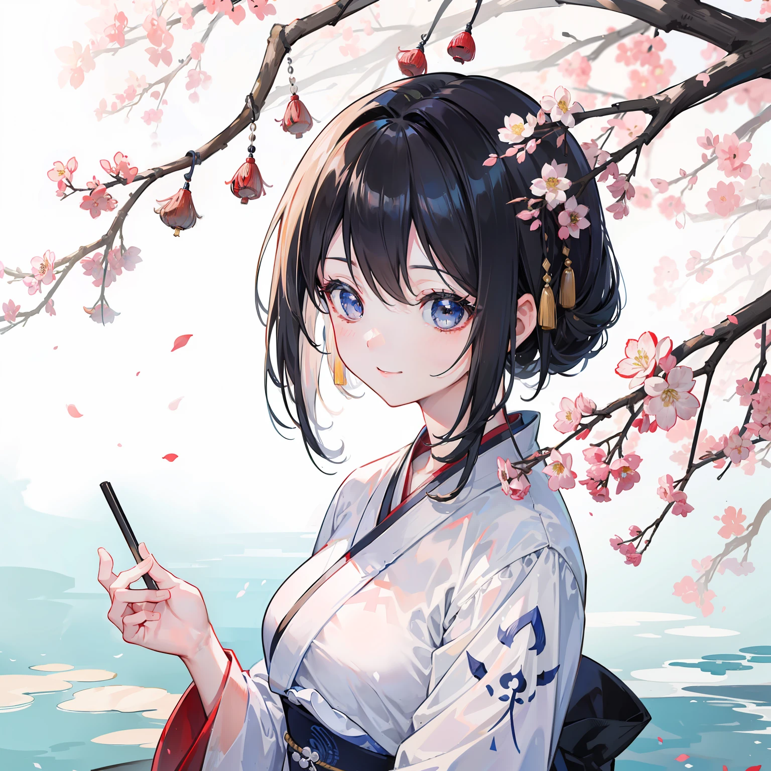 shukezouma, Negative space, , shuimobysim , Portrait of a woman standing , Willow branches, (Masterpiece, Best quality:1.2), Traditional Chinese Ink Painting, ModelShoot style, Peaceful, (Smile), view the viewer, wearing long hanfu, Hanfu, Song, Willow tree in background, wuchangshuo,