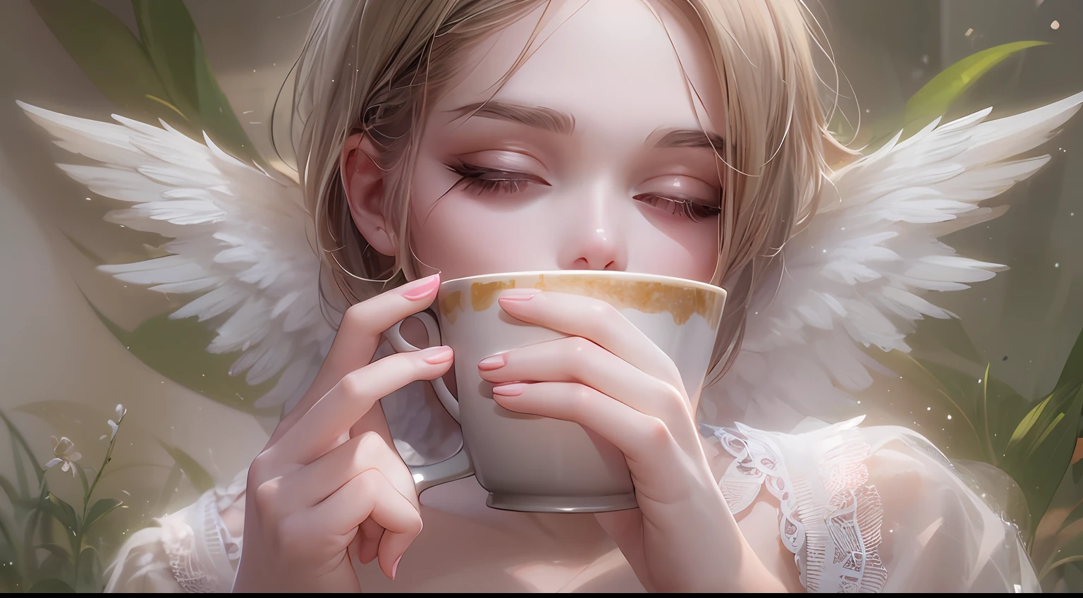 Picture of a girl with a cup of coffee and angel wings, beautiful angel girl, close one eye, beautiful angel, angel girl, beautiful angel portrait, beautiful angel girl portrait, angel, angel, coffee dark angel, winged girl angel, adorable digital painting, angel themed, angel, beautiful female angel, young one angel