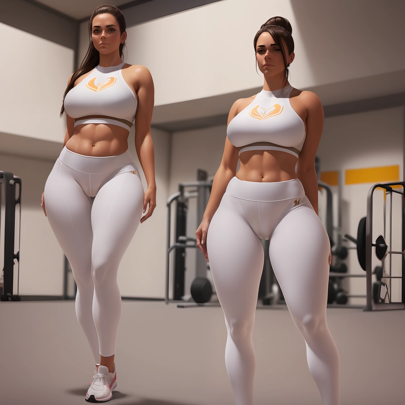 (((cameltoe))) in white sports pants, (((fullbody))), Beautifull _ thick doing sport in gym , greg rutkowski , beautifull face