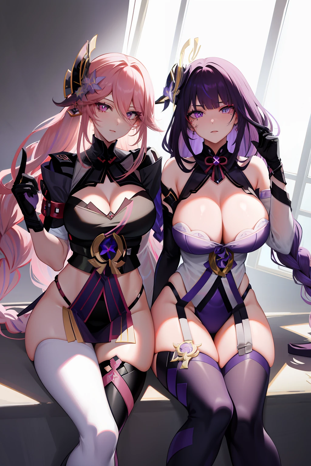 2girls,(Lady:1.2), ((Extremely detailed face, Hair, skin, Eyes)), hdr, 4K, 16k, 32K, 64K, 128k, 256k, 512k, Asymmetrical balance, teas, FXAA, Anti – Aliasing, Intricate details, Fantastic, magic, Light rays, Ray traching, post-proces, eyeslashes, (eye shadows), eyes liner, mascara, Makeup, Yuri, (Thighs:0.8) NSFW, Dynamic Angle,
(Raiden Shogun:1.05), Genshin Impact, and (A scene from the《genshin impact》of Yae Miko,Pink hair and purple eyes:1.2), Curvy,
(Purple hair:1.2),
(Long hair:1.2),
(Braided:1.2),
Blunt bangs,
Purple eyes,
(Large breasts),
