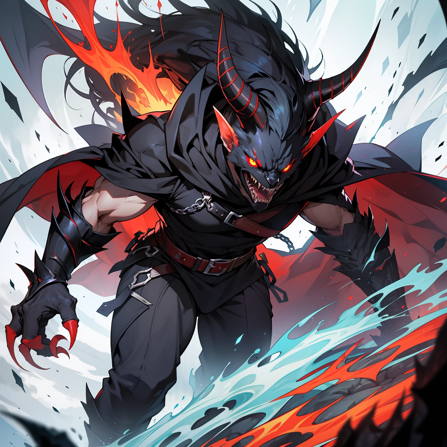 In appearance, Vritra is a masculine figure, appearing as a tall, imposing demon of immense demonic power. His body is a dark, jet black with flame details, including his hair and eyes. He has sharp teeth and claws. He typically wears dark attire with red accents, usually a cape and hood.