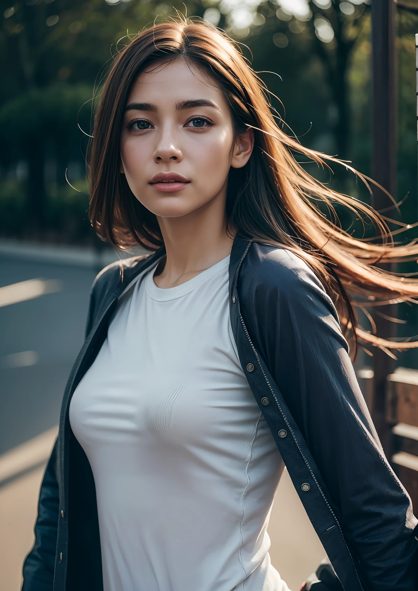 dressed, (photo realistic:1.4), (hyper realistic:1.4), (realistic:1.3), (smoother lighting:1.05), (increase cinematic lighting quality:0.9), 32K, 1girl,20yo girl, realistic lighting, backlighting, light on face, ray trace, (brightening light:1.2), (Increase quality:1.4), (best quality real texture skin:1.4), finely detailed eyes, finely detailed face, finely quality eyes, (tired and sleepy and satisfied:0.0), face closeup, t-shirts, (Increase body line mood:1.1), (Increase skin texture beauty:1.1)