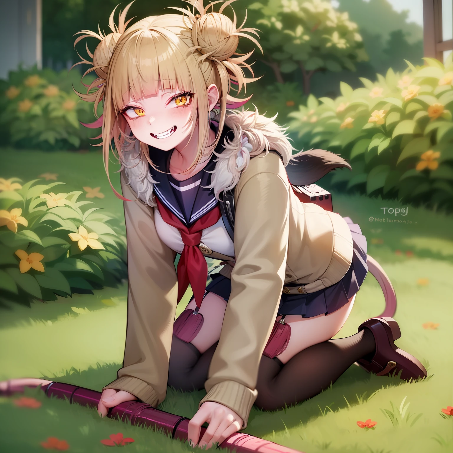 TogaHimiko, 1girl, crazy smile, flower trim halterneck, gold trim fur coat, bobby socks, pet play, one leash, all fours,