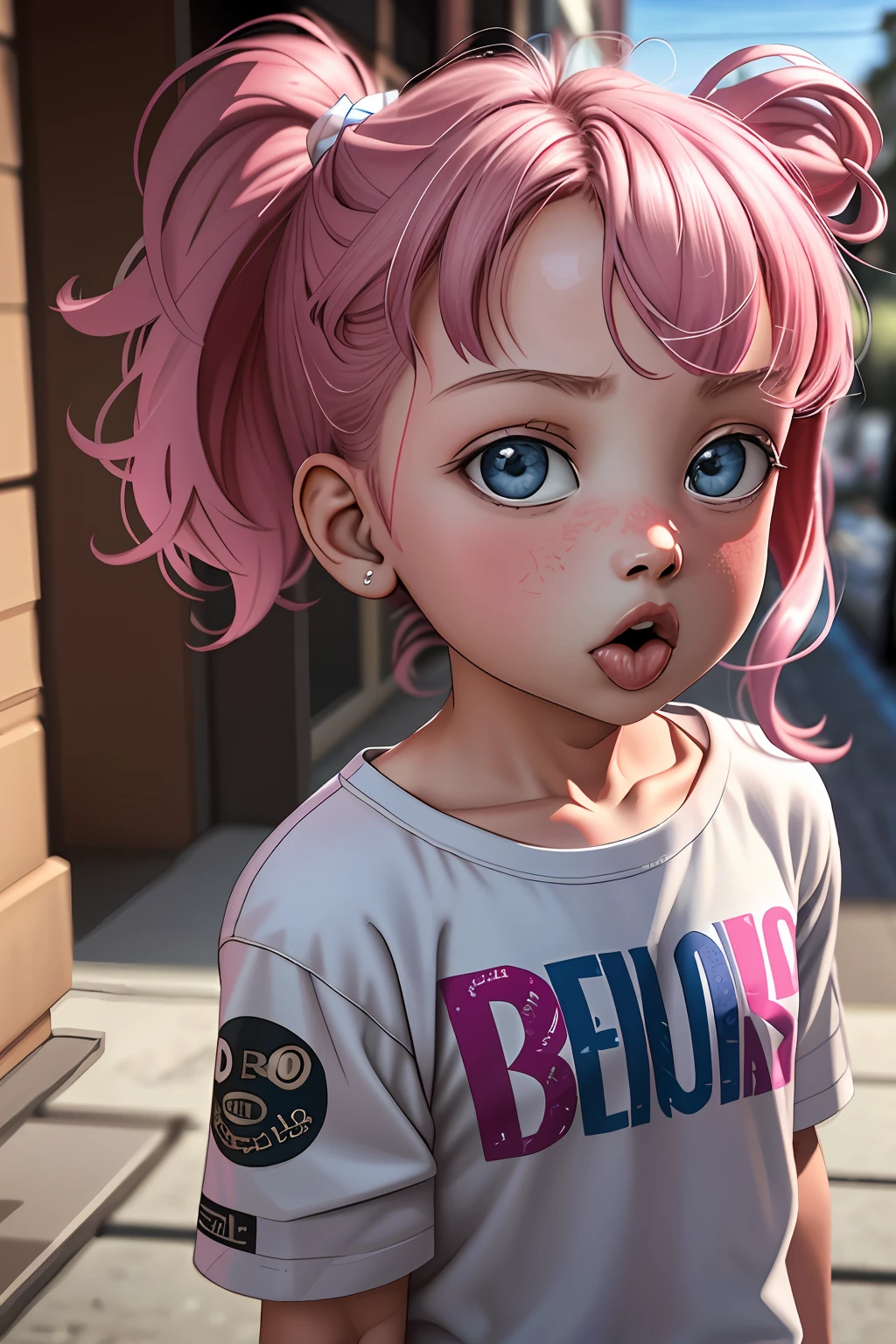 ..3d, 1child, Mirando al espectador, Moda callejera, Lindo, Ropa rosa, lengua fuera, Tokio, Neones, ojos azules, mullet, Anillos para los dedos, Ropa detallada, 8k, Mejor Defention