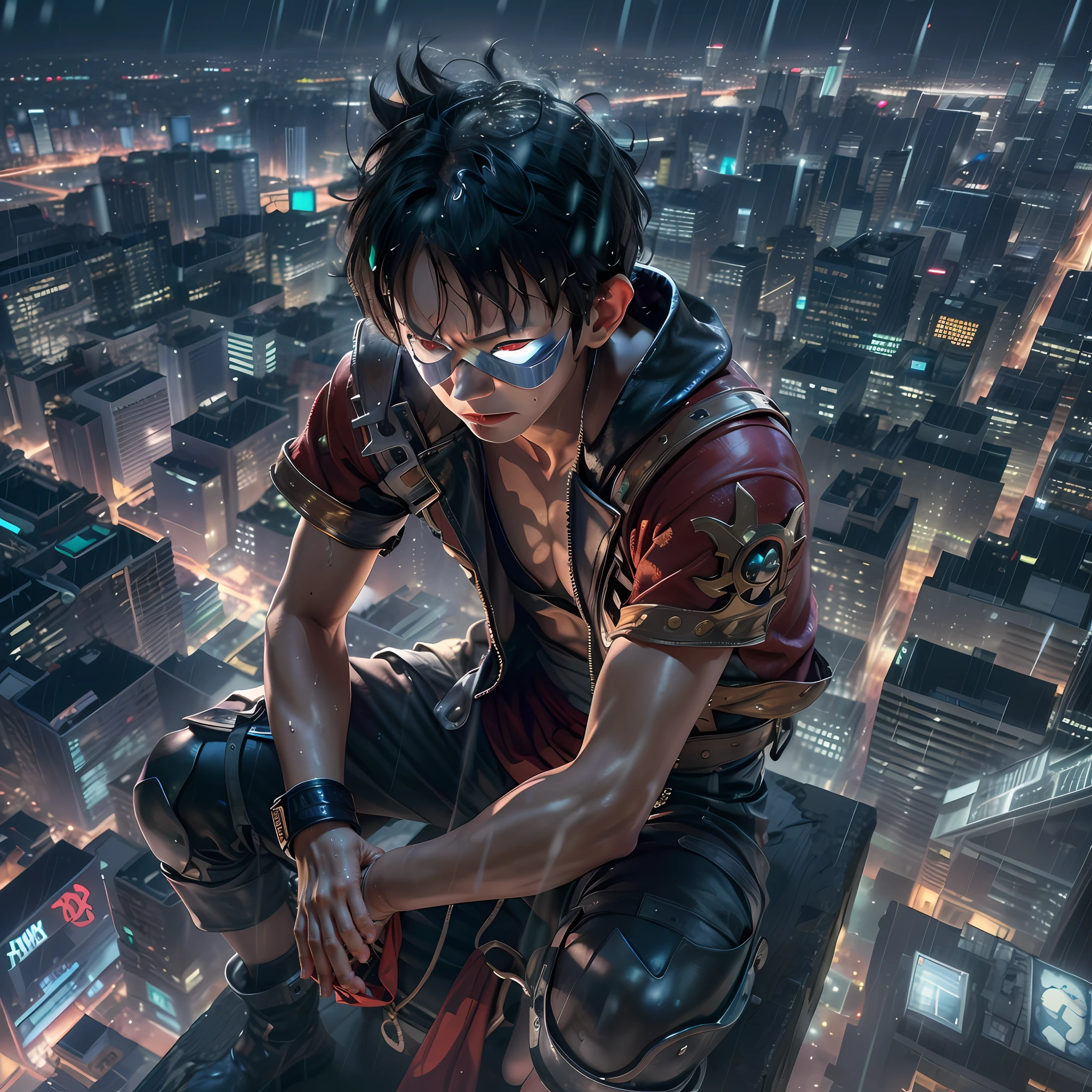 Ultra-high-resolution, ultra-detail, 8k, realistic, cinematic, realistic lighting, gloss, metallic shine, (luffy),(gear5)(boy), mask, (ultra-detailed armor), city evening modern street,Solo,View from the top,Sitting on a tall building, it's raining, the clothes are wet, the effect is wet,