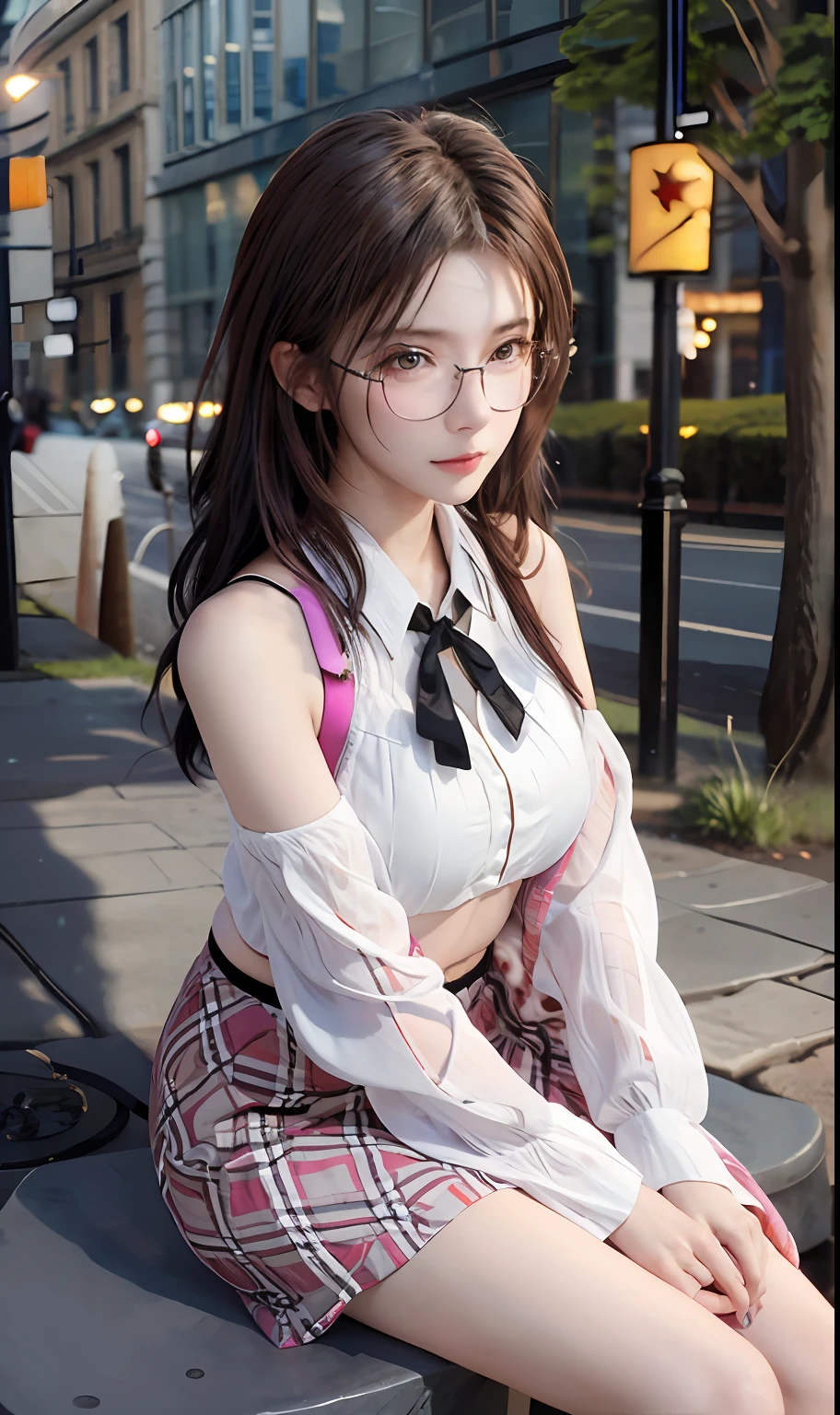 （RAW photos：1.2），high high quality，Beautiful Meticulous Girl，Highly detailed eyes and face，beatiful detailed eyes，hugefilesize，A high resolution，8k wallpaper，finely detailled，Highly detailed stock code uniform 8k wallpaper，light in face，wears glasses，电影灯光，16 year old girl，A sexy pose，（photo-realism：1.4），illustratio，ultra-realistic realism，super detailing， tmasterpiece， On the green steppe，Scenic Area，Wear casual clothes，full body shot shot，Bigchest，low chest